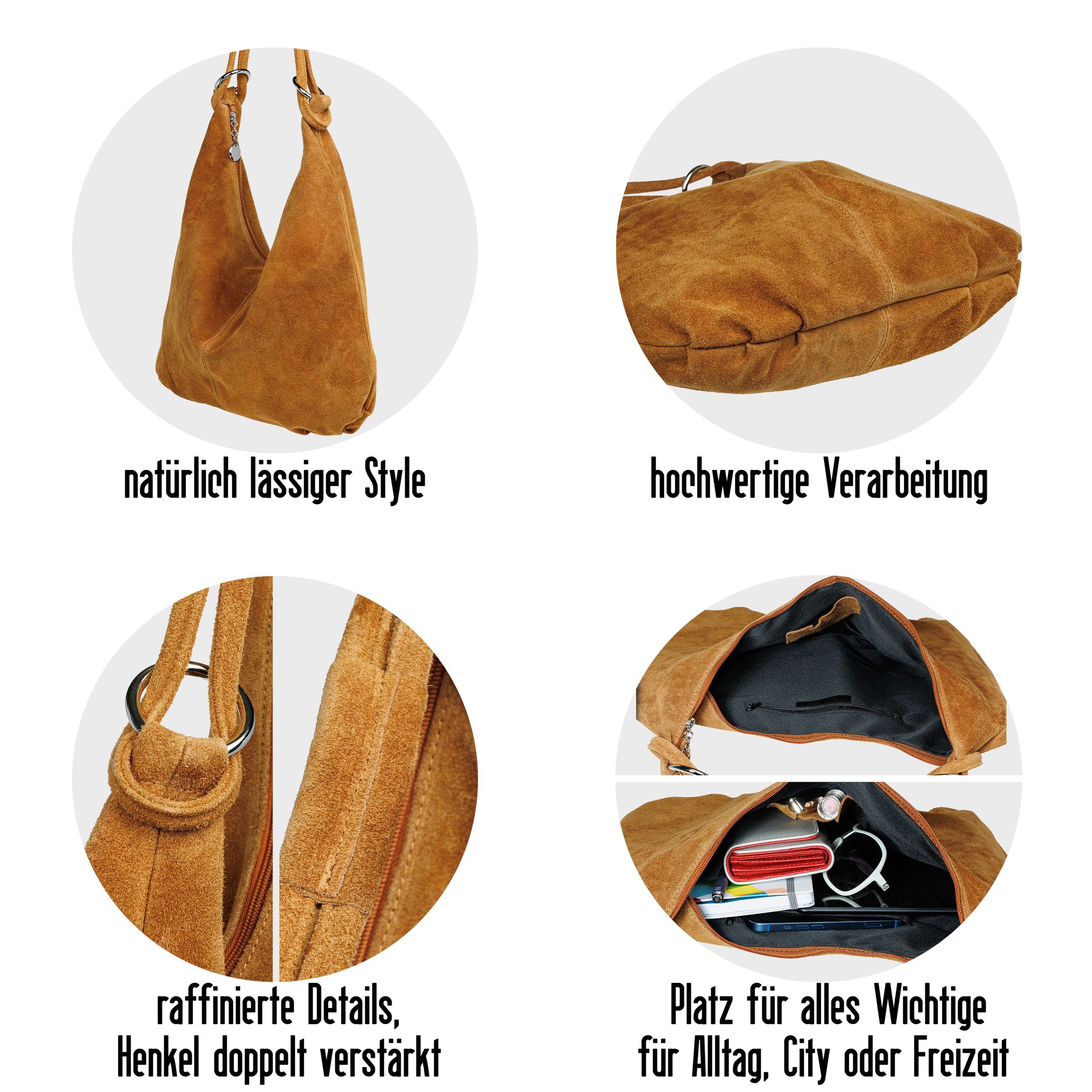 Caspar Schultertasche Damen Vintage Leder Tasche Hobo Bag - CLASSIC LINE - Modell No.617, 100% italienisches Veloursleder, samtig weich, angenehmer Tragekomfort