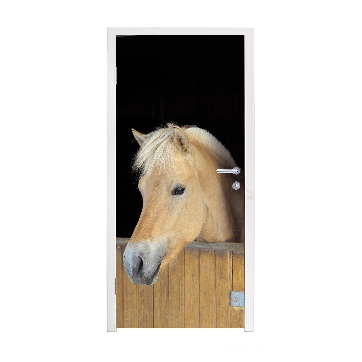 MuchoWow Türtapete Fjordpferd in einem Holzstall, Matt, bedruckt, (1 St), Fototapete für Tür, Türaufkleber, 75x205 cm