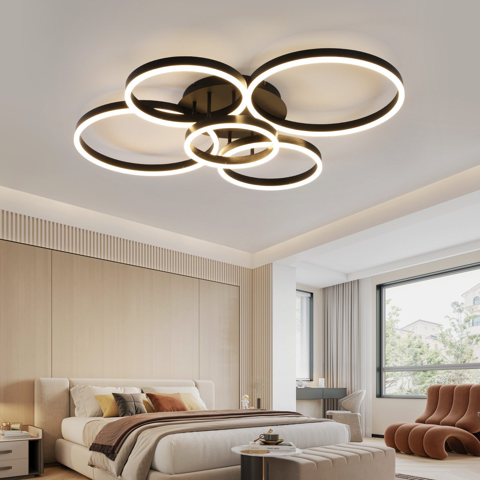 Nettlife LED Deckenleuchte Dimmbar Wohnzimmer Gold 2 Ring 46W 59CM Modern, günstig online kaufen