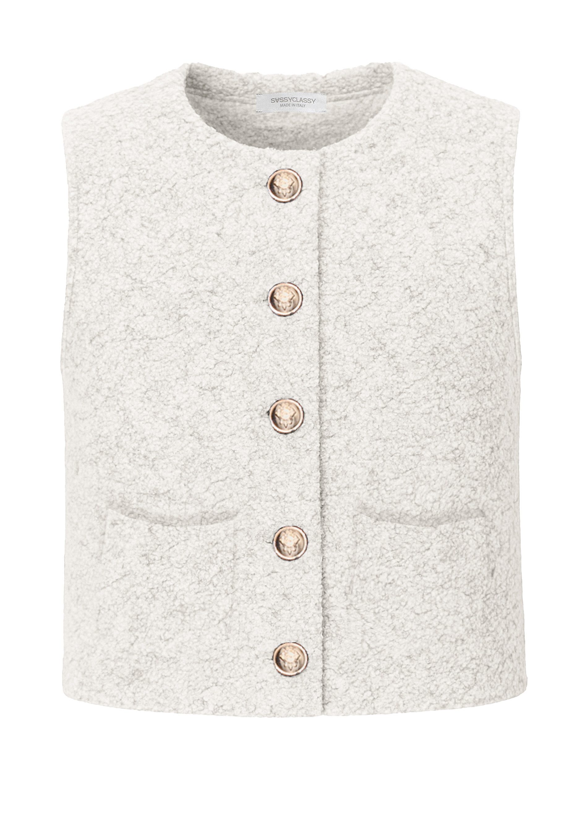SASSYCLASSY Kurzweste Bouclé-Weste mit aufgesetzten Taschen für Damen Weiche Weste mit goldfarbenen Knöpfen Greige Rosa Schwarz Braun