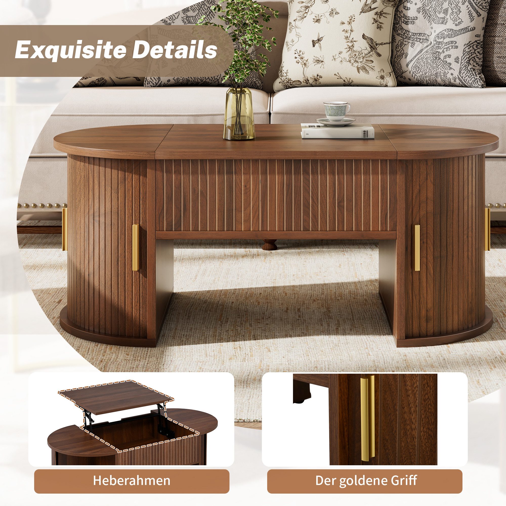 Celya Couchtisch Höhenverstellbarer mit versteckter Stauraum (mit 2 Schiebetüren, Ideal für kleine Wohnungen und Homeoffices), Geeignet für Wohnzimmer – Bild 4 von 5