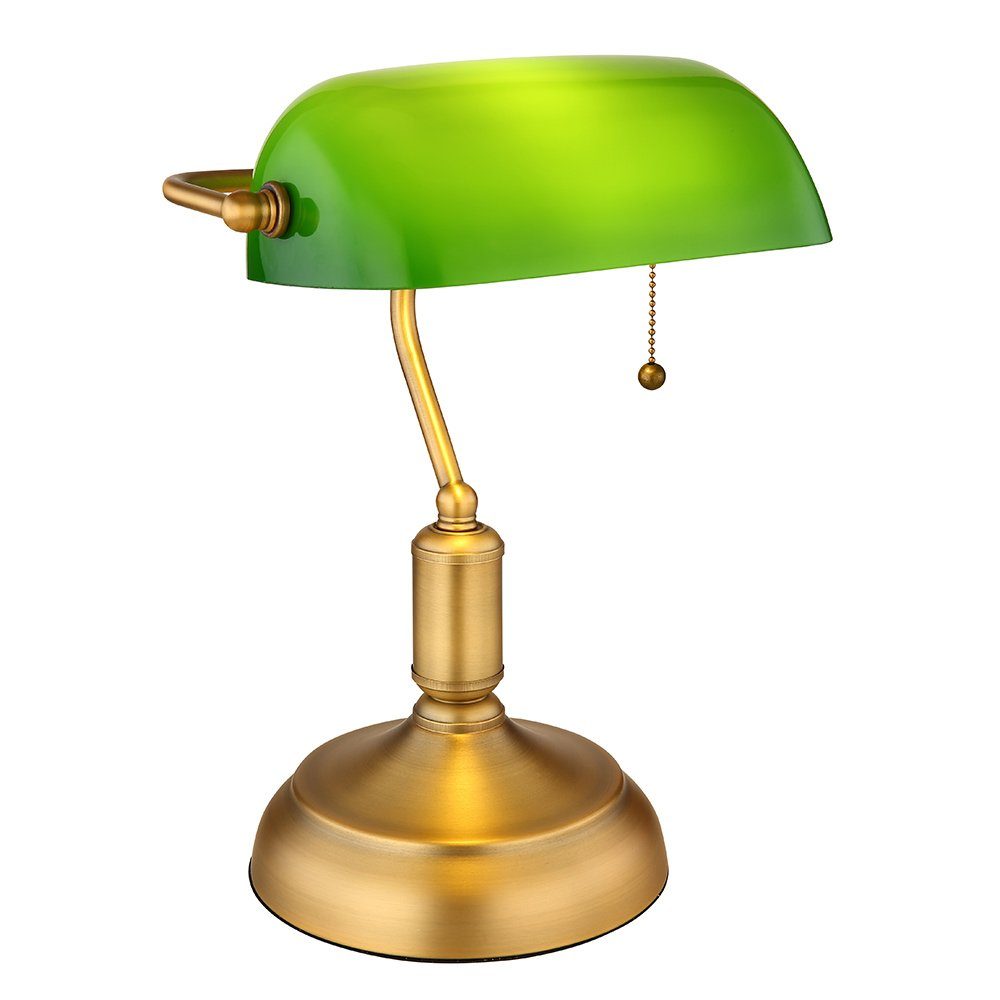 Globo Schreibtischlampe, Leuchtmittel grün Schreibtischleuchte Bankerleuchte Zugschalter inklusive, messing Tischlampe nicht