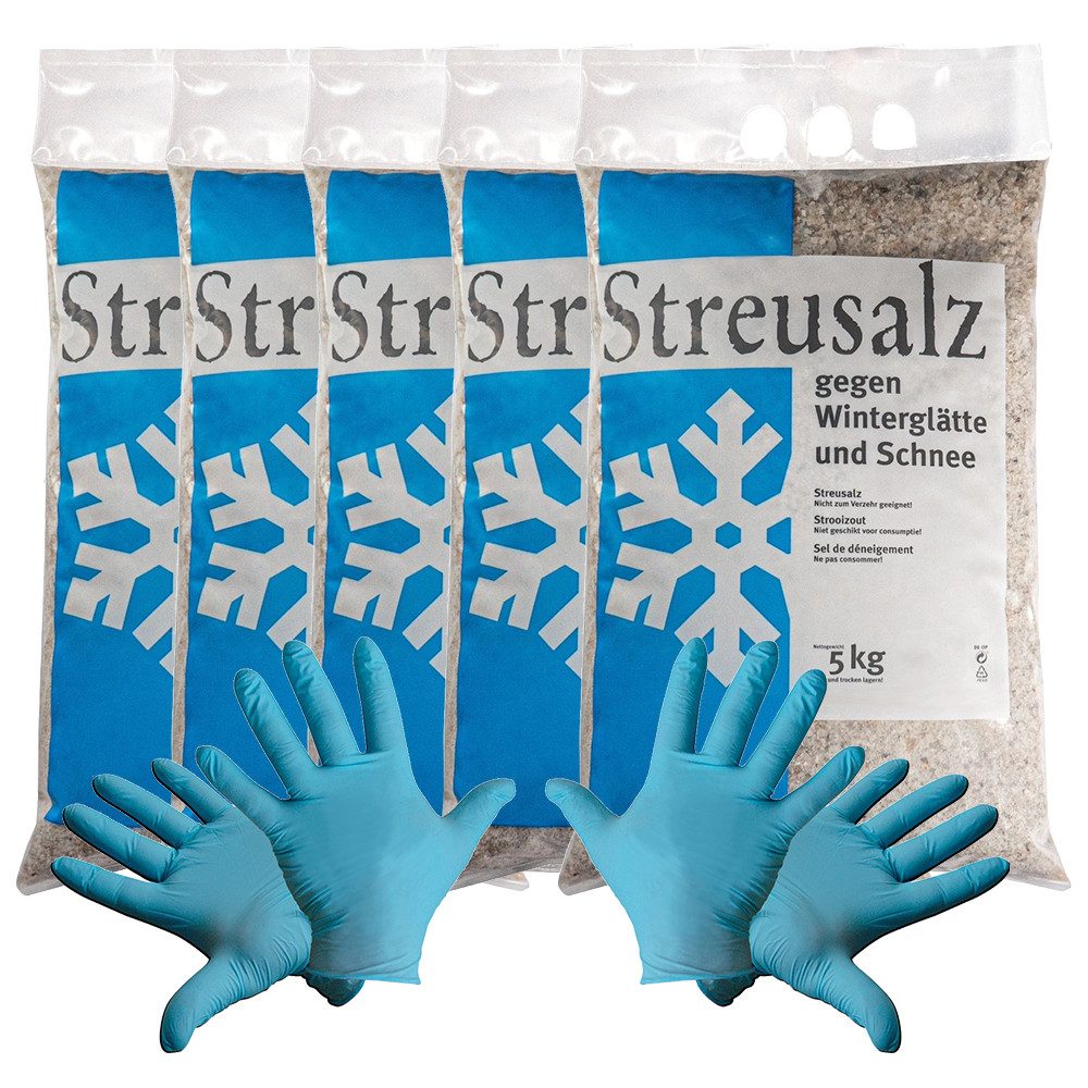 Oppenhäuser Großhandel & Produktion Sand 5x Streusalz/Auftausalz grobkörnig 5kg + 2 Einweg Nitril-Handschuhe
