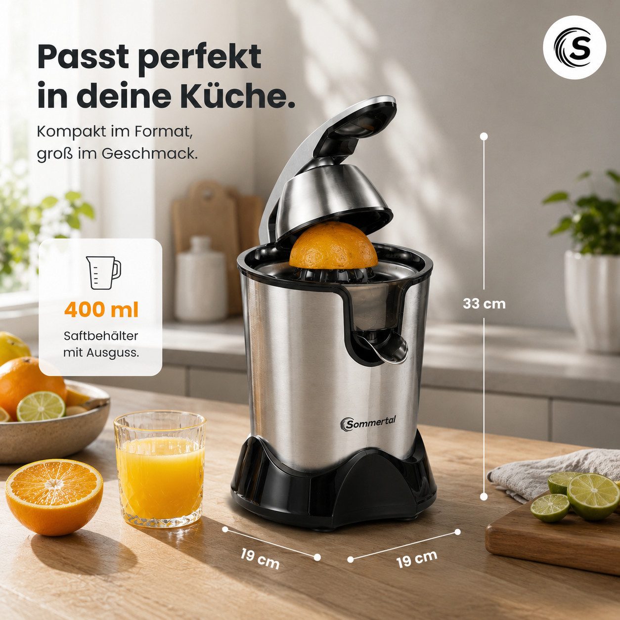 Sommertal 2in1 Zitruspresse Sommertal Zitruspresse CP850 elektrische Saftpresse inkl. 2 Presskegel, 850 W, manuelle Handpresse, Orangenpresse Zitronenpresse aus Edelstahl
