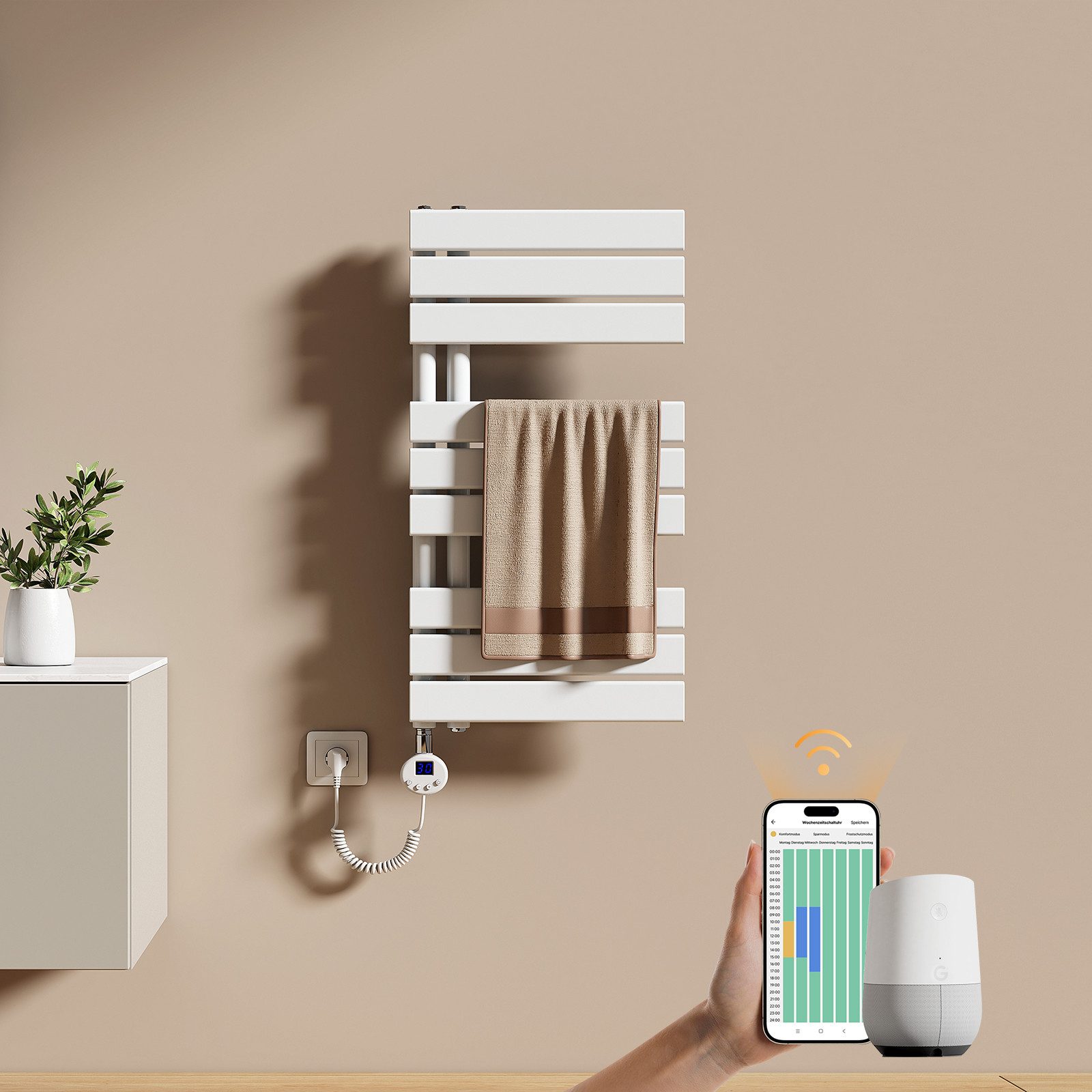 EMKE Elektrischer Badheizkörper WLAN- und App-Steuerung mit intelligentem Thermostat Elektroheizung, Weiß 4 Heizmodi, IPX4, Kindersicherung 400W~1000W