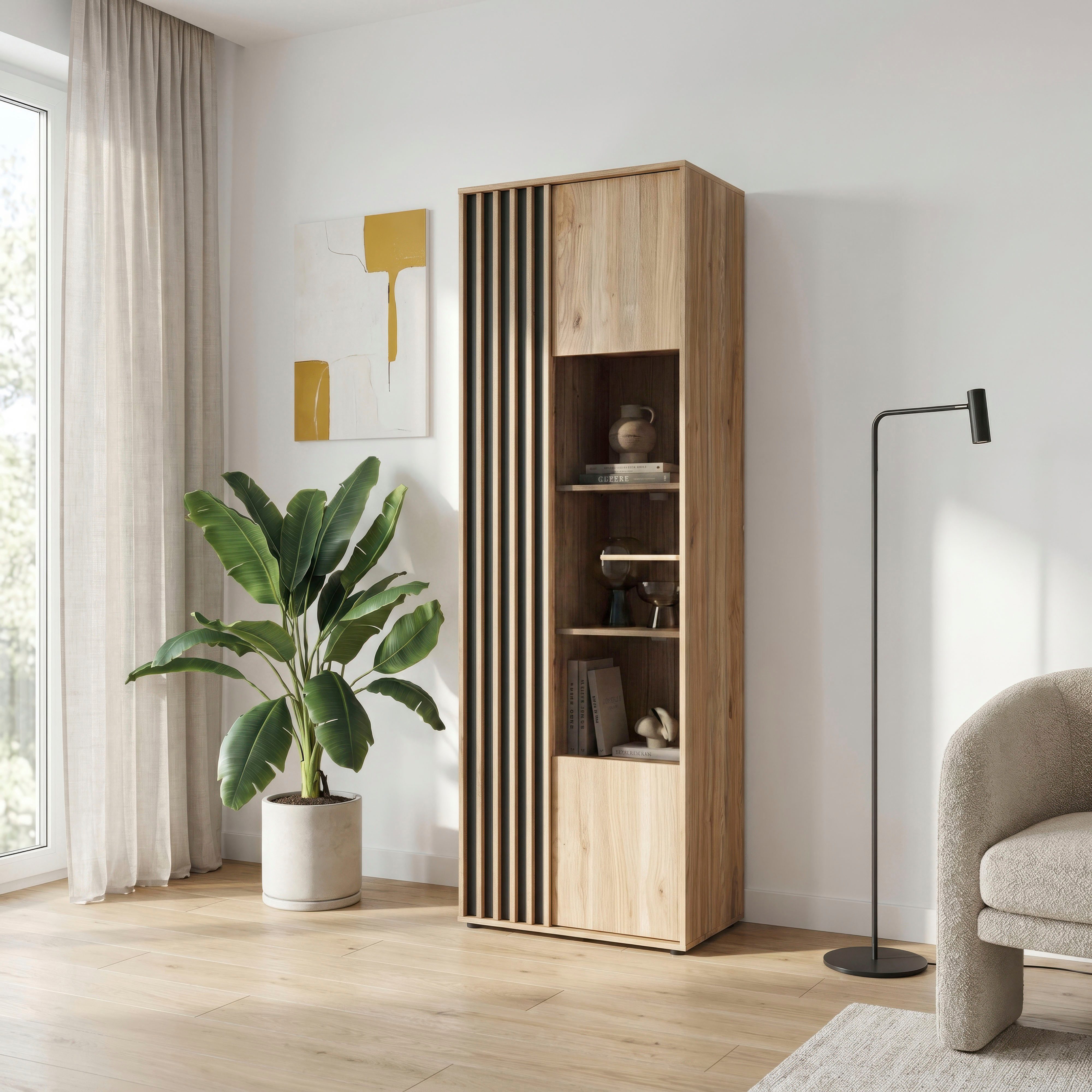 FORTE Vitrine Forte Arank Vitrine 200, Glastüre, Beleuchtung optional bestellbar B/H/T 63,4/200,1/41,7 cm Lamellenoptik