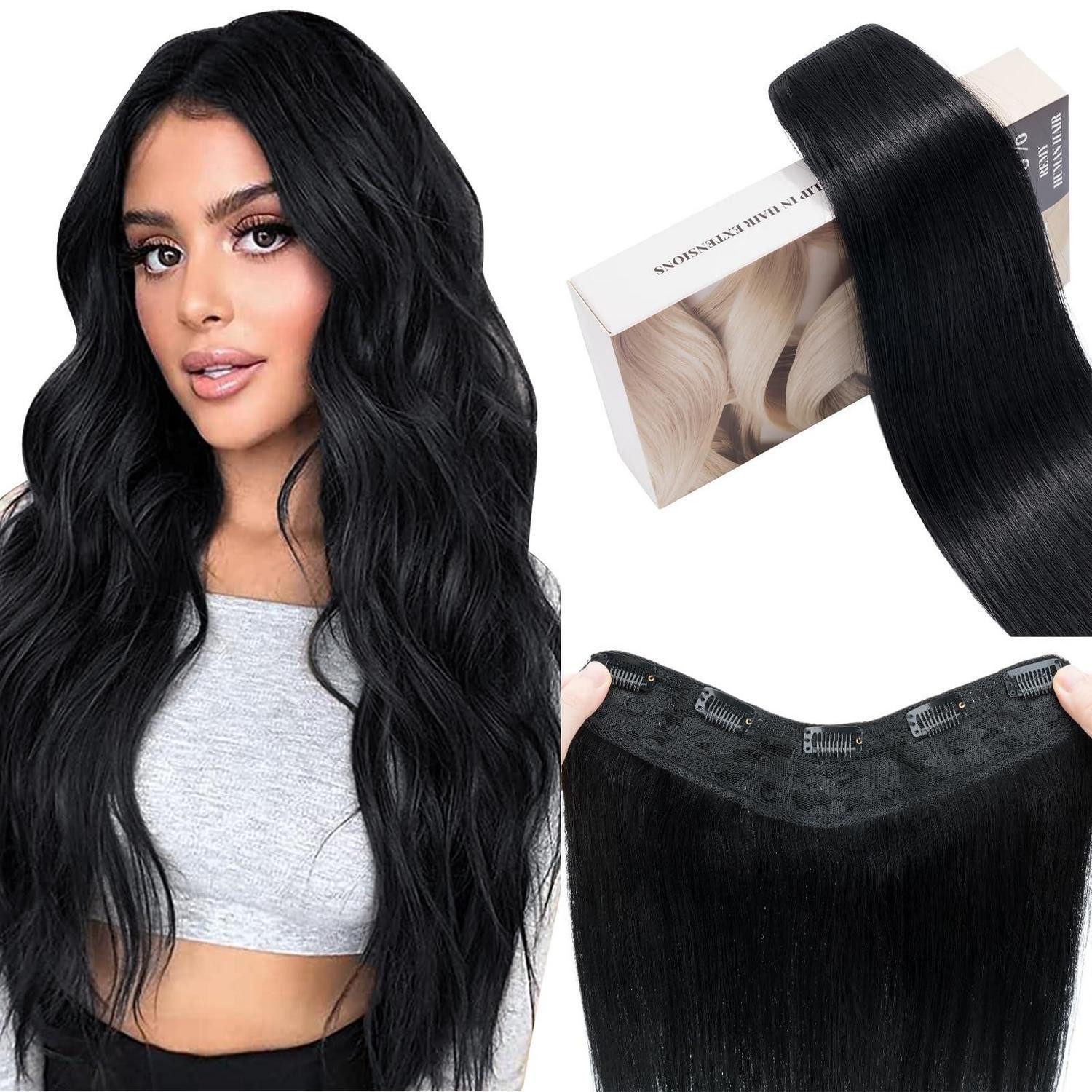 LuxusKollektion Echthaar-Extension Extensions Clip in Echthaar Remy Invisible 45 cm (70 g) #1 Lackschwarz