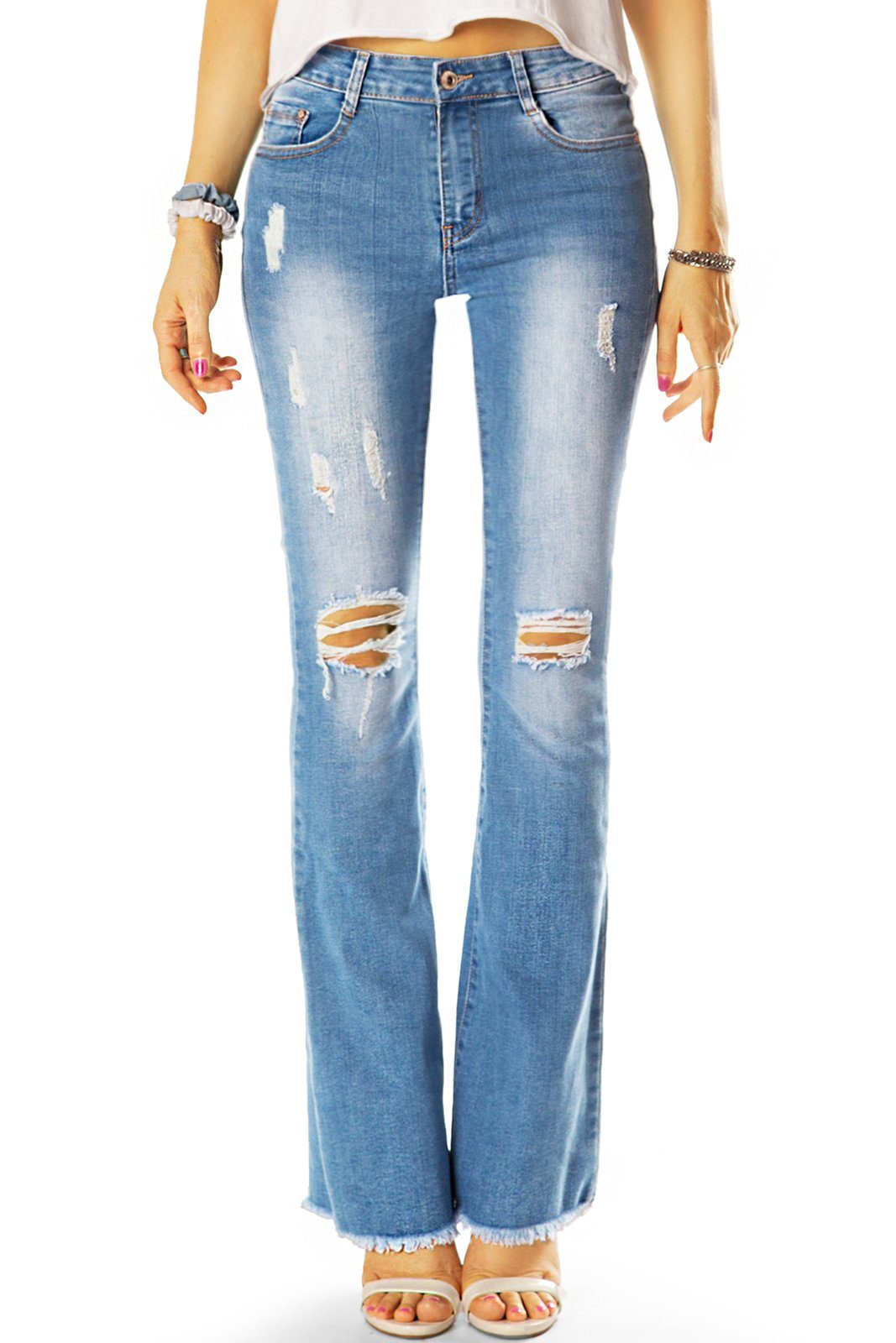 be styled Bootcut-Jeans Mid Waist destroyed Bootcut Jeans - zerrissene Knie - Damen - j26l mit Stretch-Anteil, ausgefranster Saum, 5-Pocket-Style | Stretchjeans