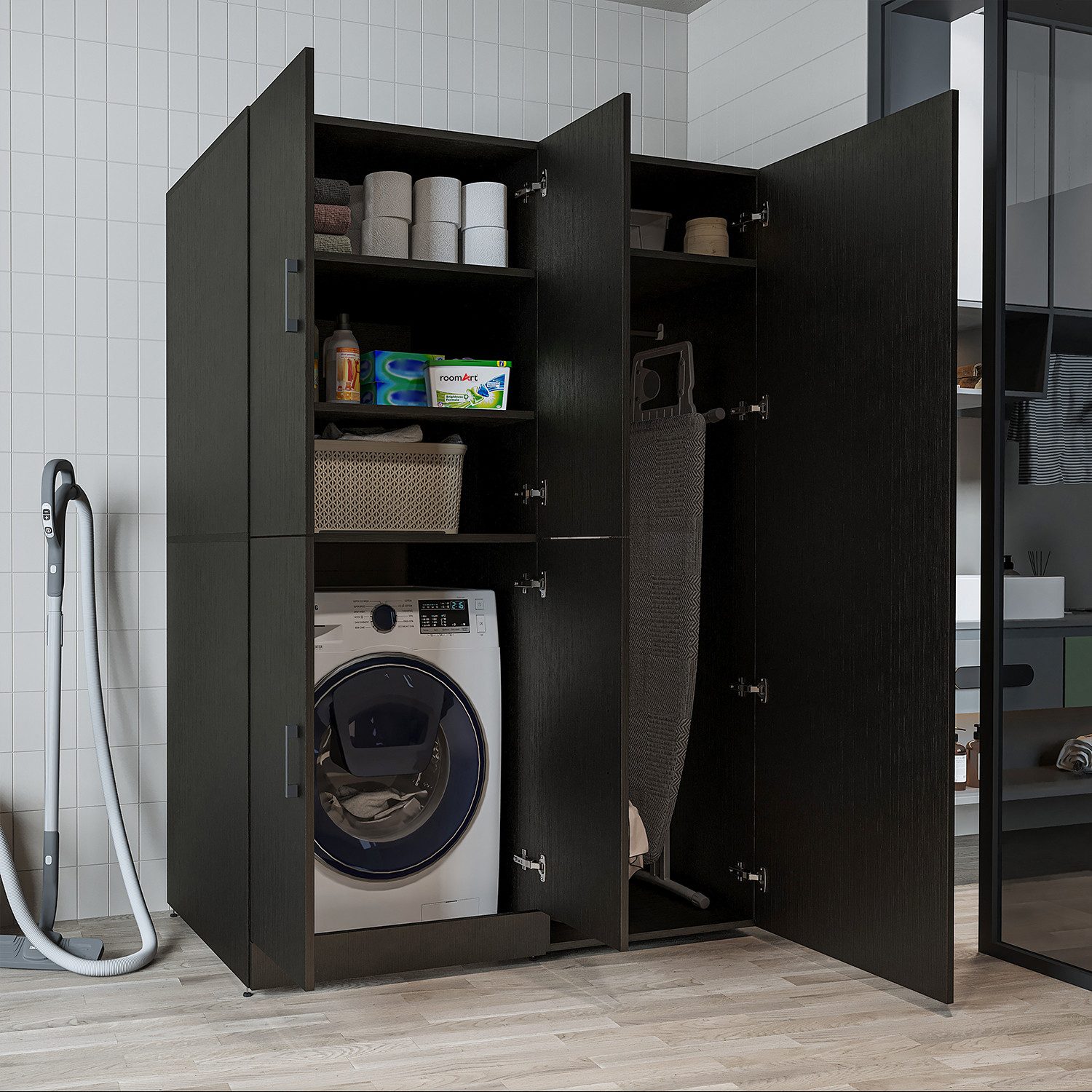 Roomart Waschmaschinenumbauschrank Waschmaschinenschrank DORA 115 cm – Waschturm mit Aufsatz (für Waschmaschine & Trockner mit Regalboden, Weiß • Weiß Eiche • Anthrazit Eiche • Eiche • Schwarz Eiche)