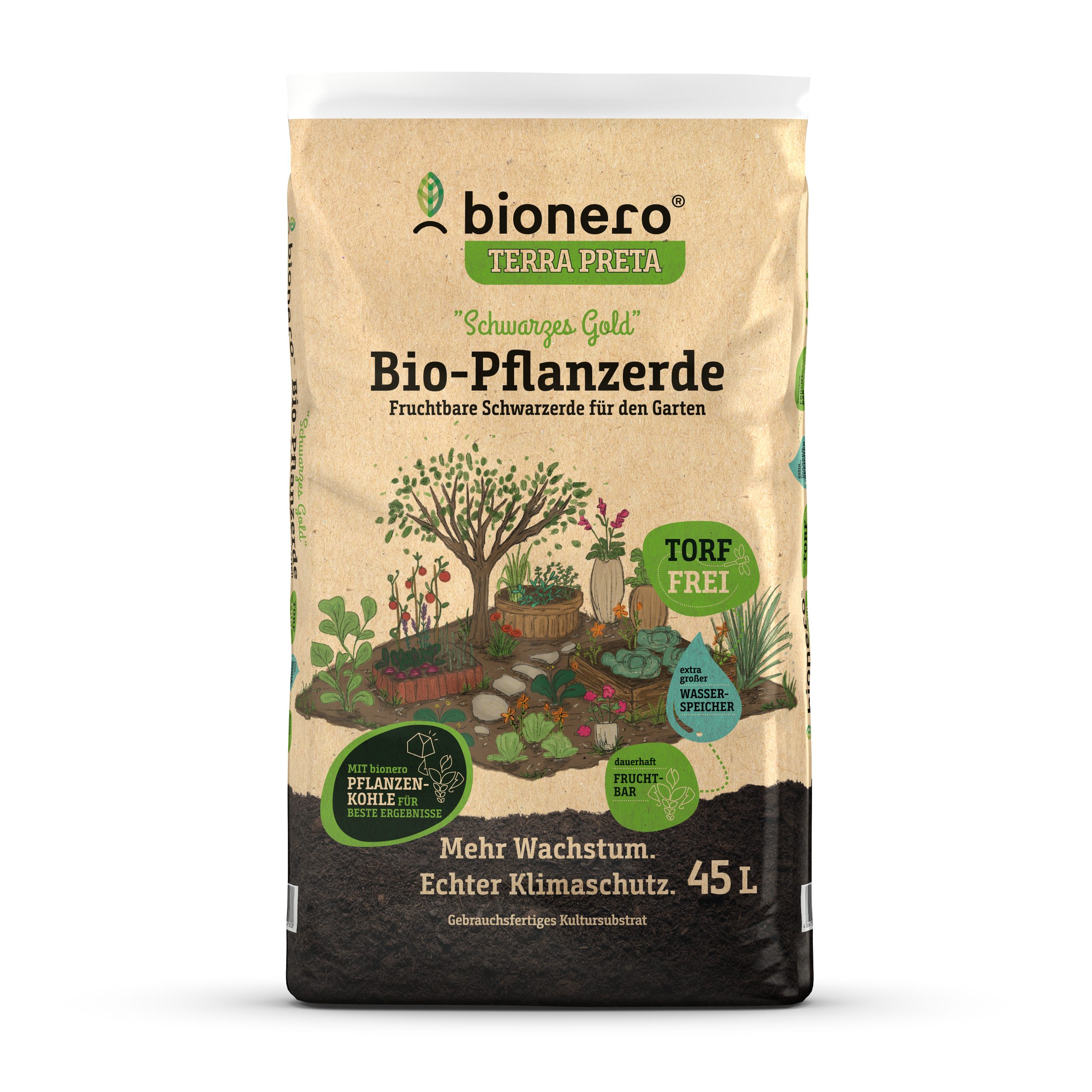 bionero TERRA PRETA Pflanzerde Bio Schwarzes Gold 45l, mit Pflanzenkohle, 100% torffrei, klimafreundlich, regional