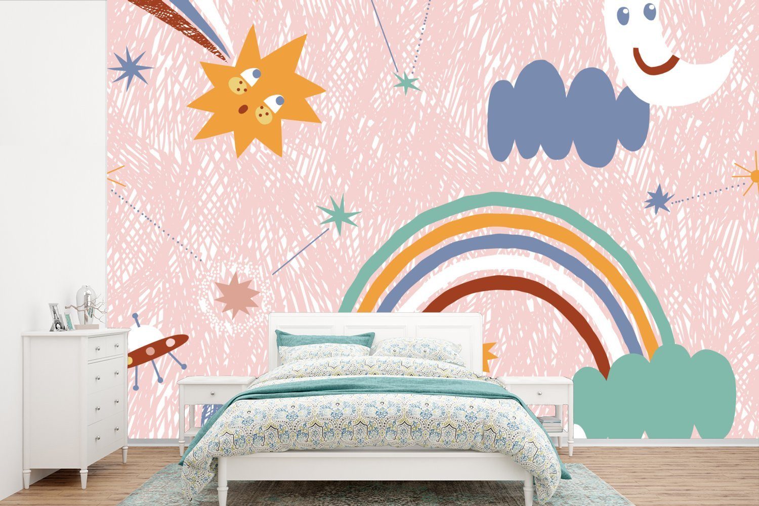MuchoWow Fototapete Raum - Kind - Regenbogen, Matt, bedruckt, (6 St), Wallpaper für Wohnzimmer, Schlafzimmer, Kinderzimmer, Vinyl Tapete