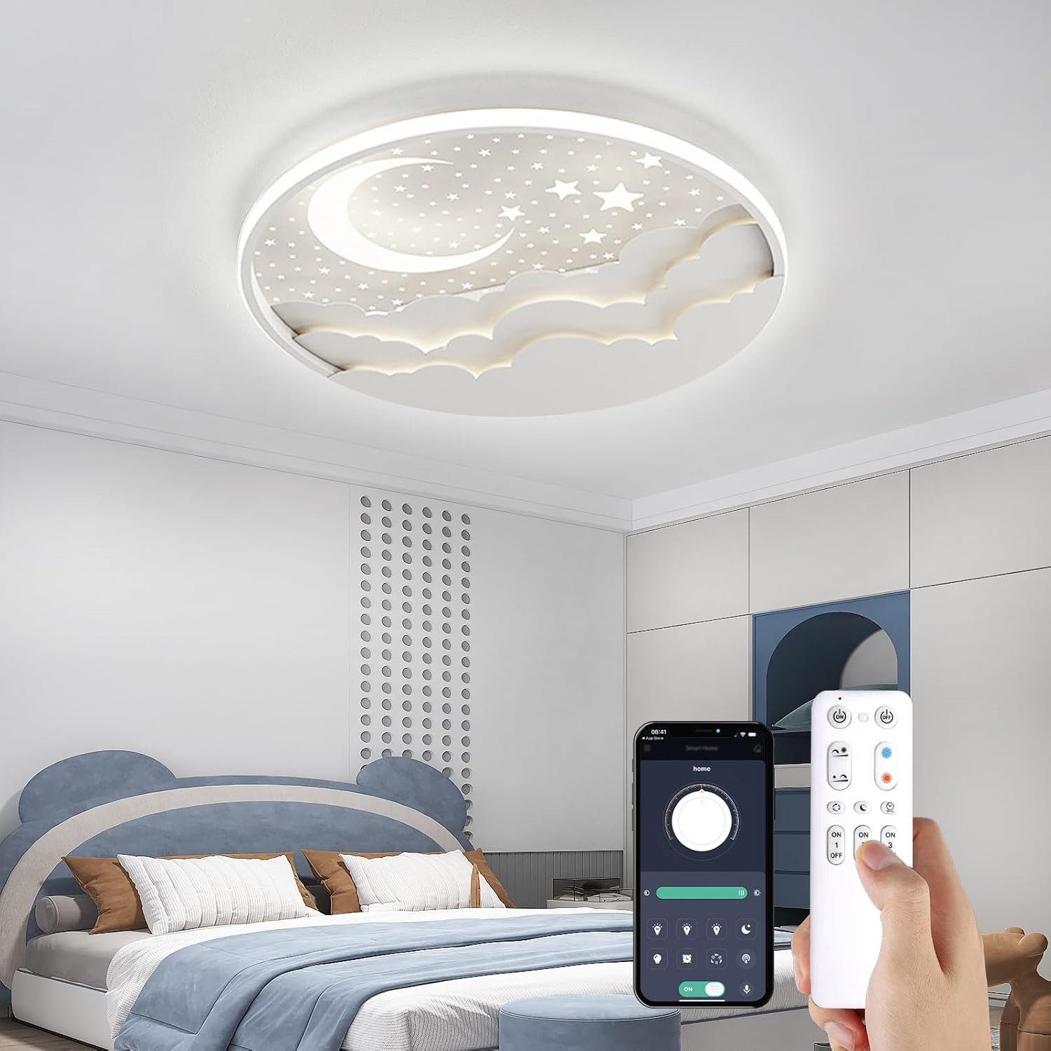 RRBEST Deckenleuchte LED Kinder Deckenlampe, Stern Mond Deckenleuchte Mit Fernbedienung, Warm, Natural, Kalt, Kinderzimmer Dimmbar Deckenleuchten, Schlafzimmer Lampe
