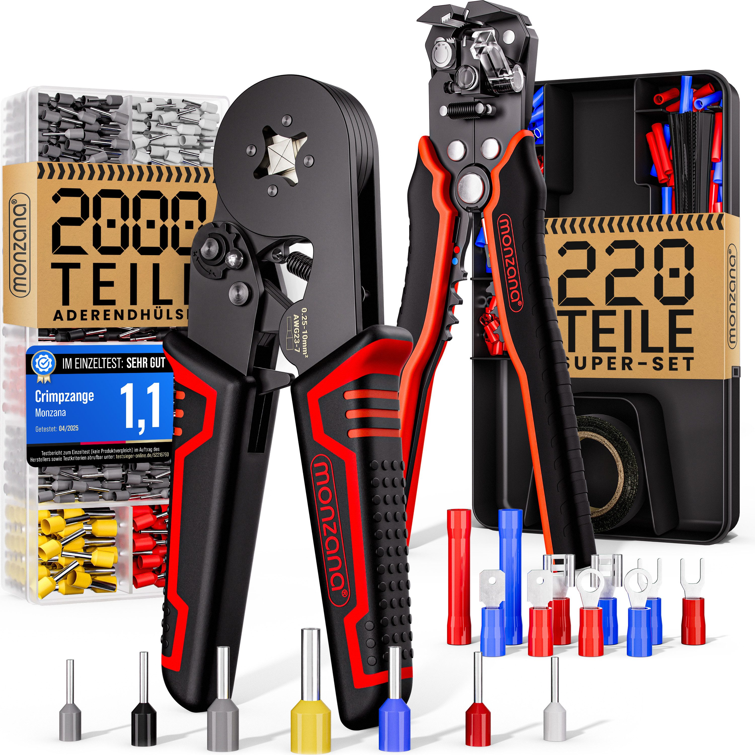 monzana Crimpzange, Crimpzange Vierkant 0,25-10mm² 2000tlg Abisolierzange Set 220tlg