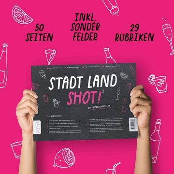 Pihu Spiel, Trinkspiel STADT LAND SHOT, Gedruckt in Deutschland, 100% Recyceltes Papier, Partyspiel