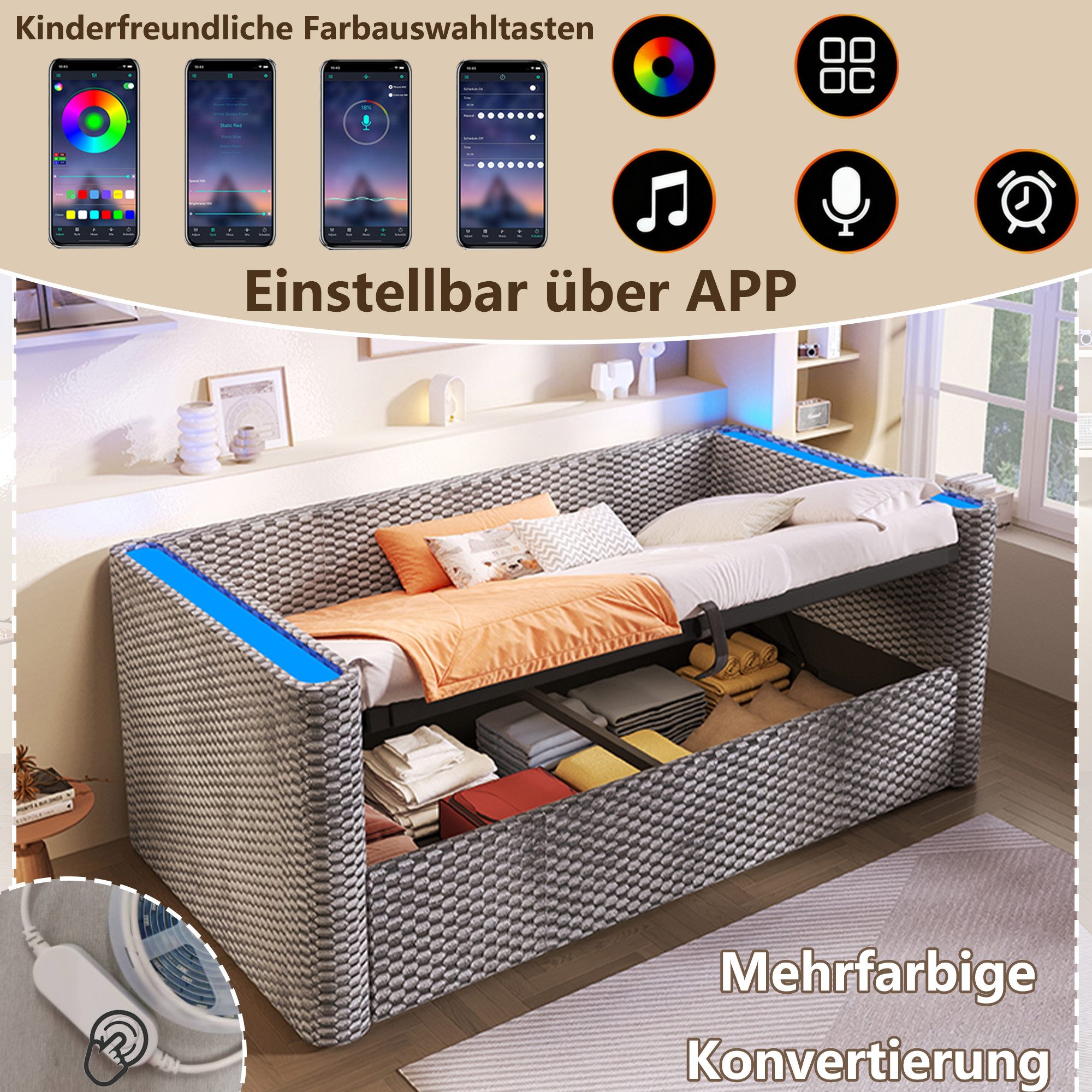 Odikalo Schlafsofa Schlafcouch Tagesbett 90x200 mit Lattenrost, Daybett, Schlafsofa, 90 × 200 cm, 180 × 200 cm, multifunktionales Ausziehbett-Design mit LED-Lic – Bild 4 von 5