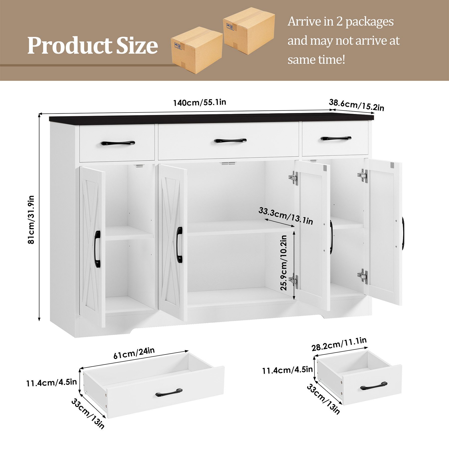 HOMECHO Sideboard, Küchenschrank 3 Schubladen 4 Türen, Verstellbaren Regale günstig online kaufen