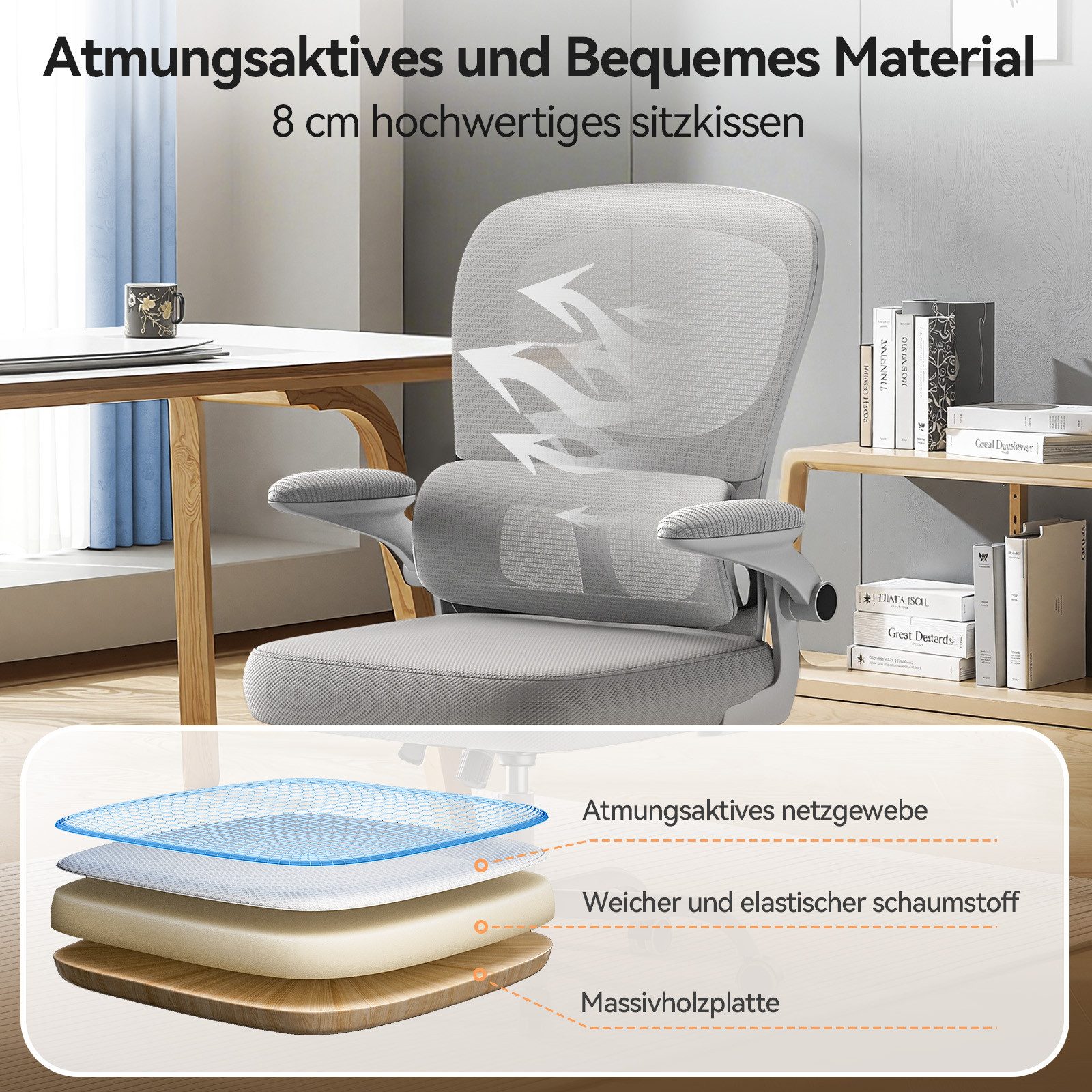 ZAISZE Bürostuhl 280G Netz Sitz Gaslift 2-Stufe Geräuschlose Rollen Ruhe & Effizienz (Set), Nylonrad, Fünf-Klauen-Stütze – Bild 5 von 5