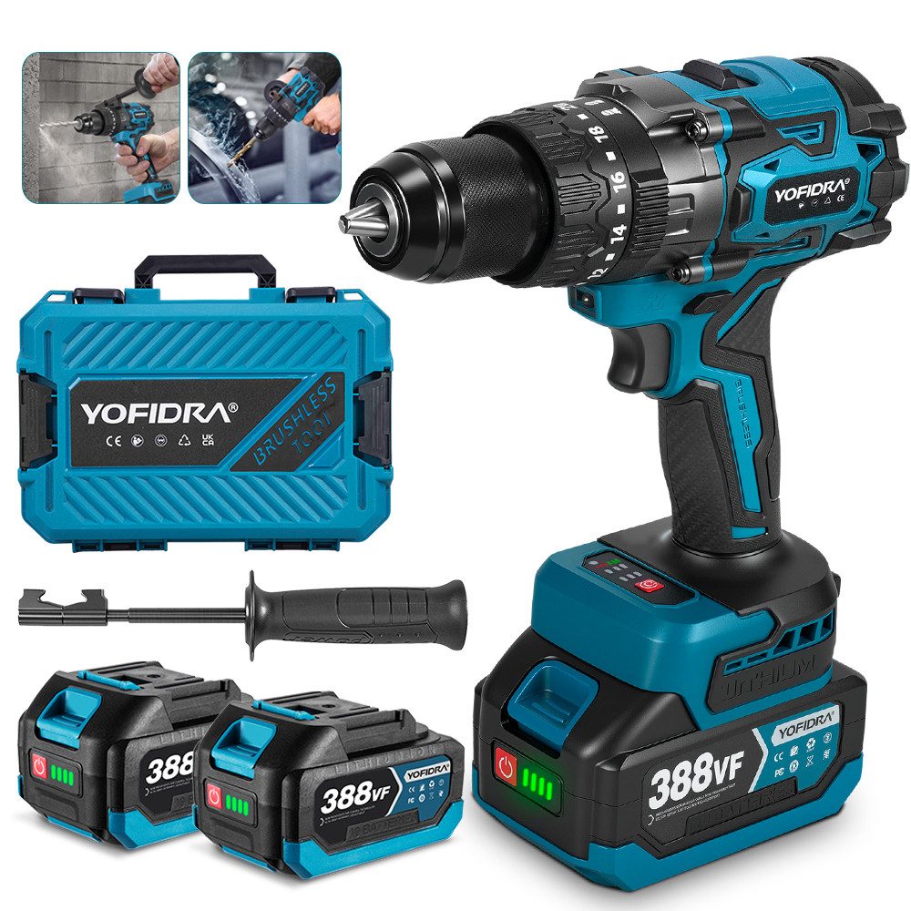 Yofidra Akku-Schlagbohrschrauber 260 Nm Bürstenlose Bohrhammer 13 mm Bohrschrauber mit 2 x Akkus, max. 2500 U/min, 20+3 Drehmomentstufen