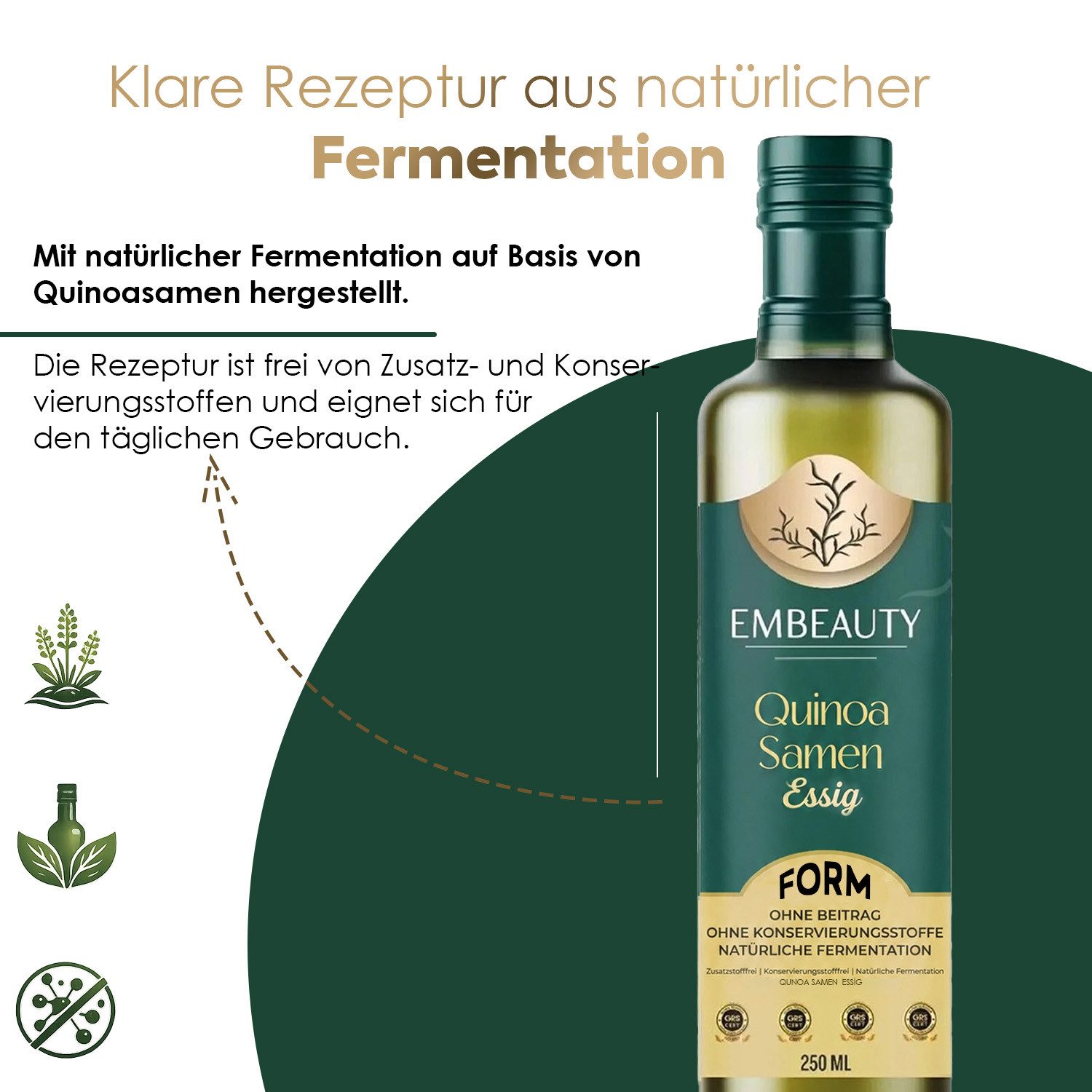 EMBEAUTY Essig Quinoa-Samen-Essig – Natürlich fermentiert & ohne Zusatzstoffe 250 ml, 250 ml, Praktische Anwendung für einen bewussten Lebensstil