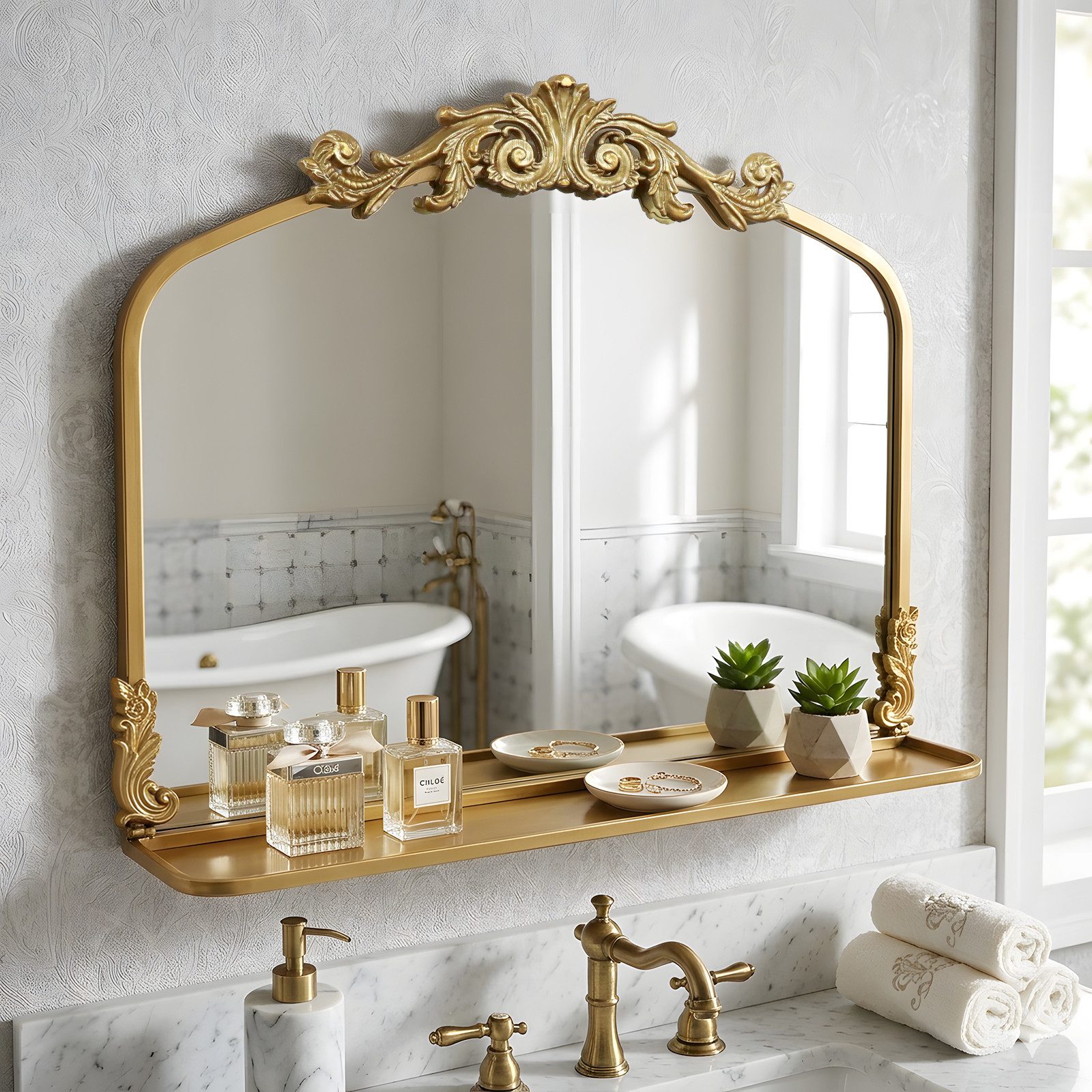 G-LEAF Wandspiegel Gold Barock Spiegel im Bogenform, mit Ablage (1-St), mit Relief-Krone, Antik-Stil Metallspiegel für Badezimmer, Flur