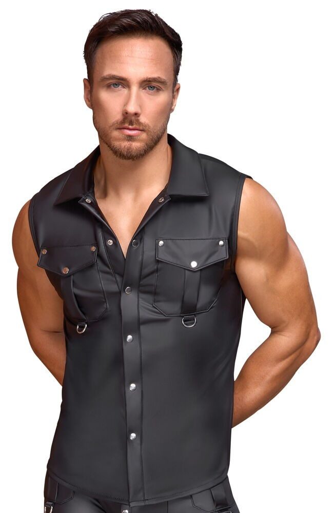 NEK Muskelshirt Shirt mit Brusttaschen im Mattlook - schwarz (1-tlg) Vorne durchgehende Druckknopfleiste