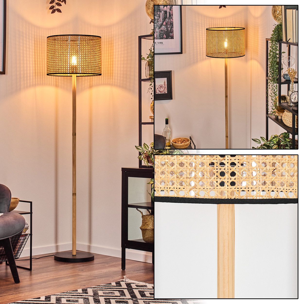 hofstein Stehlampe Stehlampe aus Holz/Metall und Schirm aus Rattan/Wienergeflecht, ohne Leuchtmittel, Boho-Style, skandinavisches Design (40 cm), Fußschalter, 1 x E27