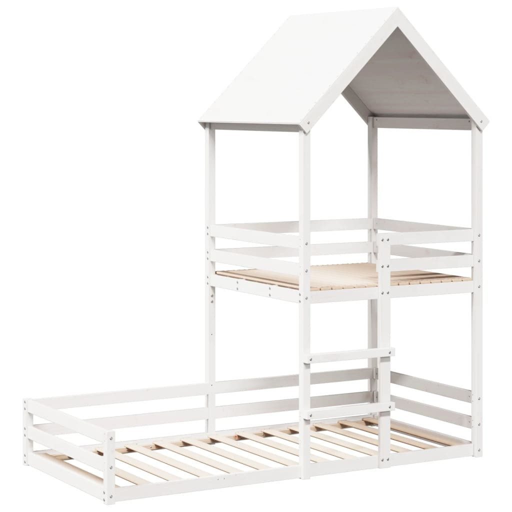 vidaXL Bett Etagenbett mit Dach Weiß 90x200 cm Massivholz Kiefer
