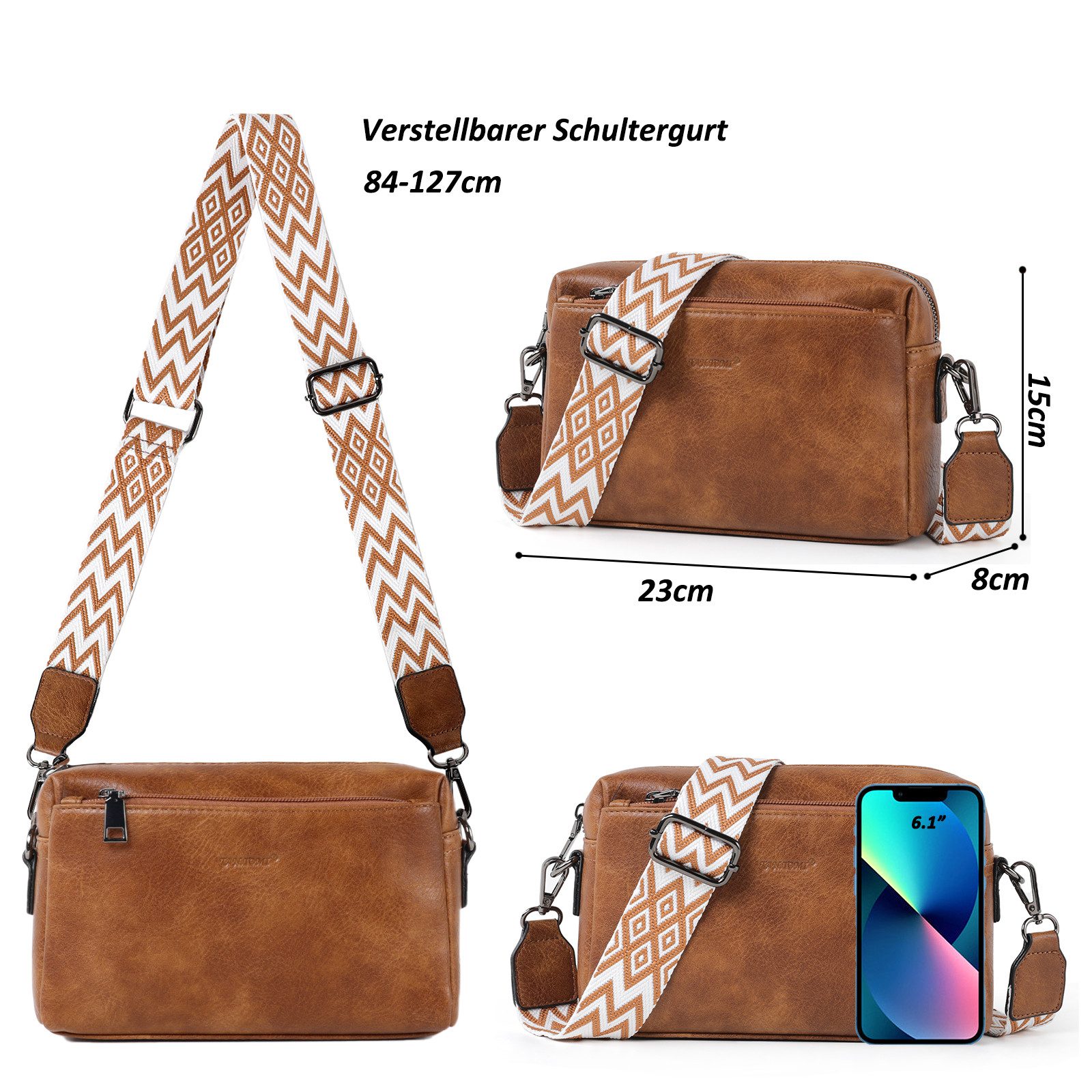 TAN.TOMI Umhängetasche Damen Handy Umhängetasche, Crossbody Schultertasche (Drei Reißverschlussfächern mit Verstellbar Abnehmbar Schultergurt), Handtasche Damen für Tägliches Arbeiten,Einkaufen,Reisen