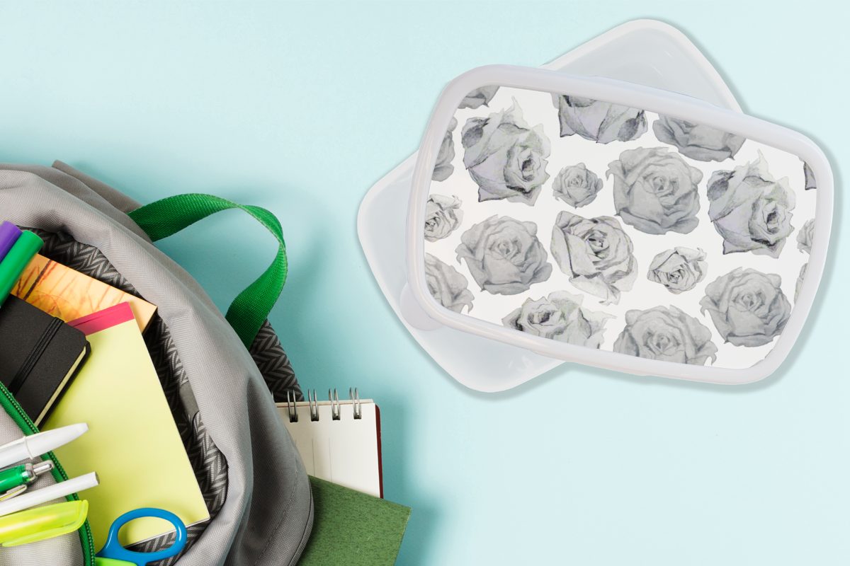 Kinder Kunststoff, Blume Rosen Lunchbox Mädchen MuchoWow für Erwachsene, und Schwarz - für - - Brotbox und Muster, weiß Brotdose, (2-tlg), Jungs und