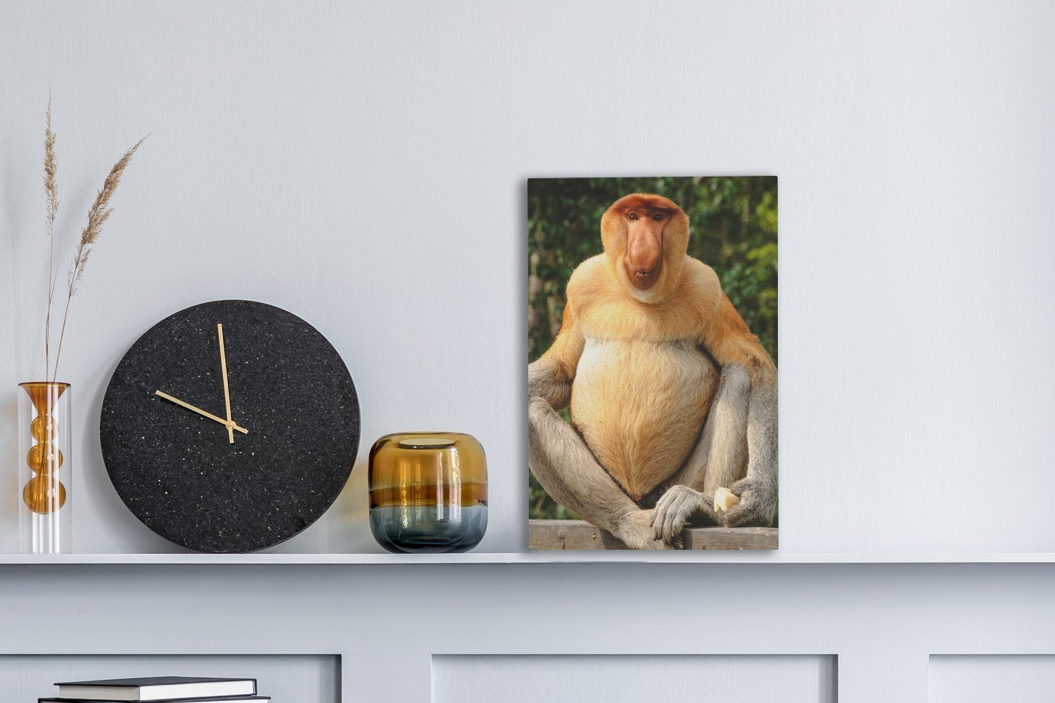 OneMillionCanvasses® Leinwandbild Ein Proboscis-Affe auf fertig Gemälde, Leinwandbild einem 20x30 St), cm bespannt Zackenaufhänger, inkl. (1 Zaun