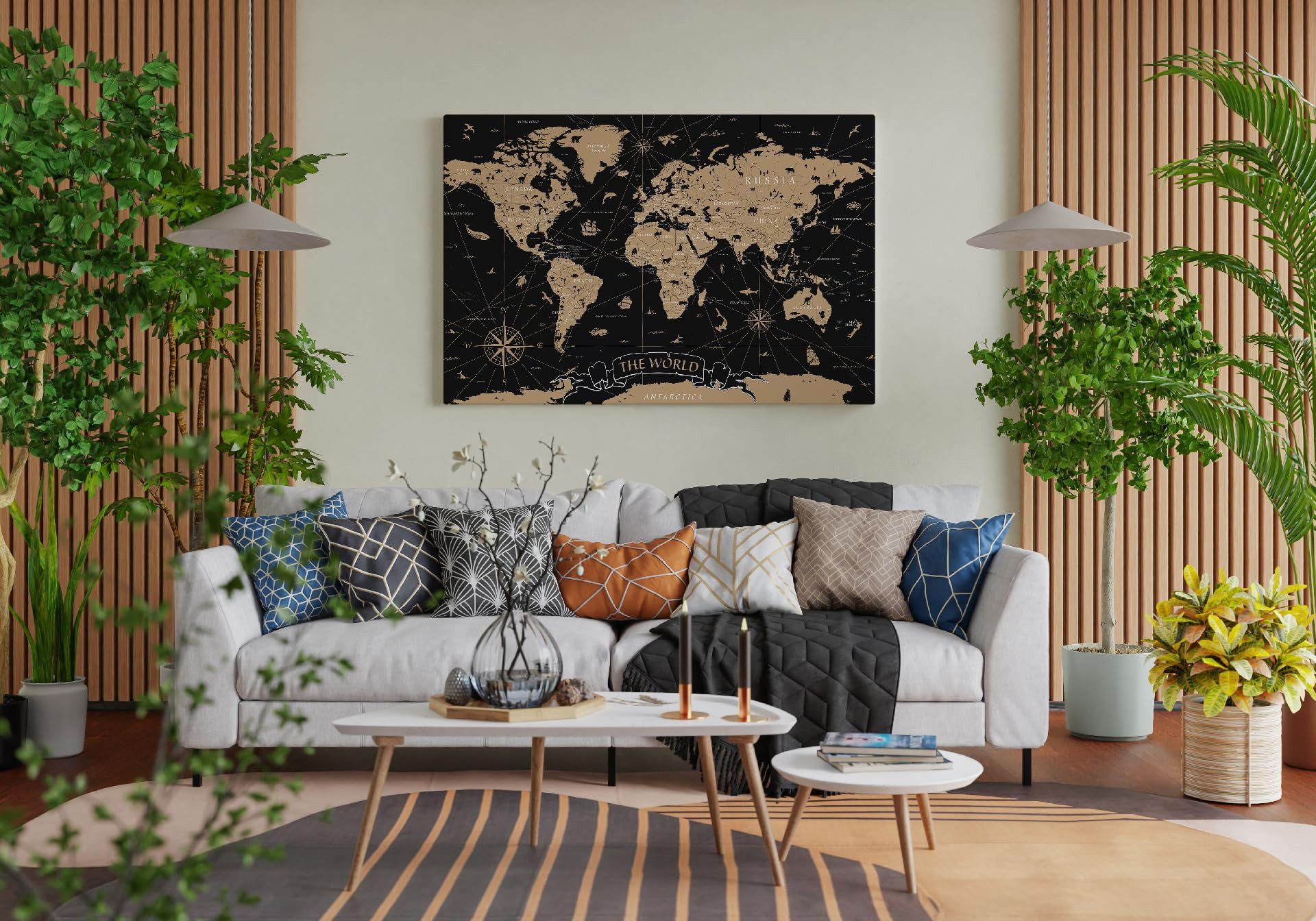 framed concept Leinwandbild als Weltkarte-Pinnwand, pinne Deine Reisen und Erinnerungen, World Map, Englische Beschriftung inkl. 50 goldene Pins – Bild 2 von 5