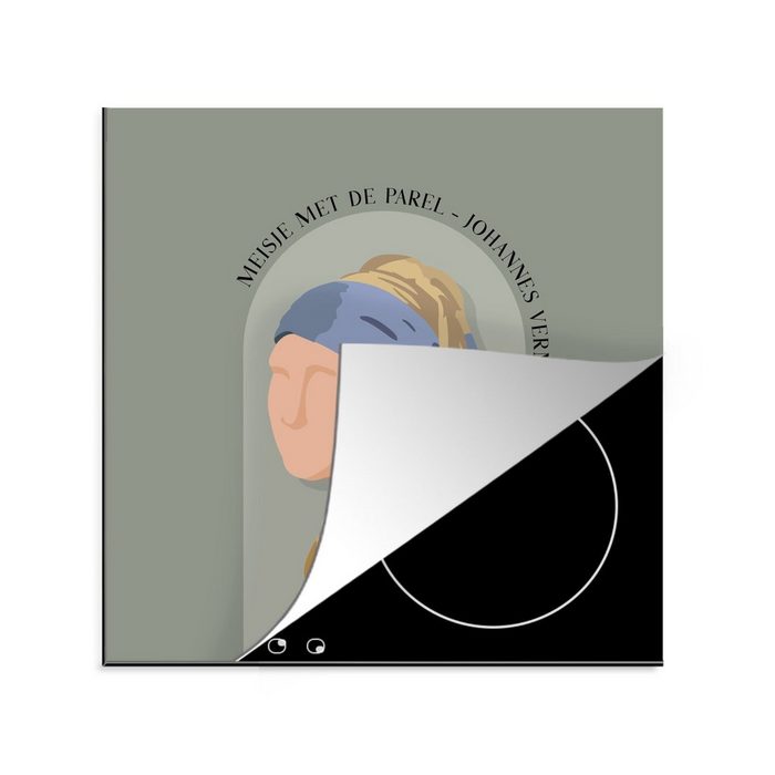 MuchoWow Herdblende-/Abdeckplatte Pastell - Mädchen mit Perlenohrring - Grün - Alte Meister Vinyl (1 tlg) Ceranfeldabdeckung Arbeitsplatte für küche