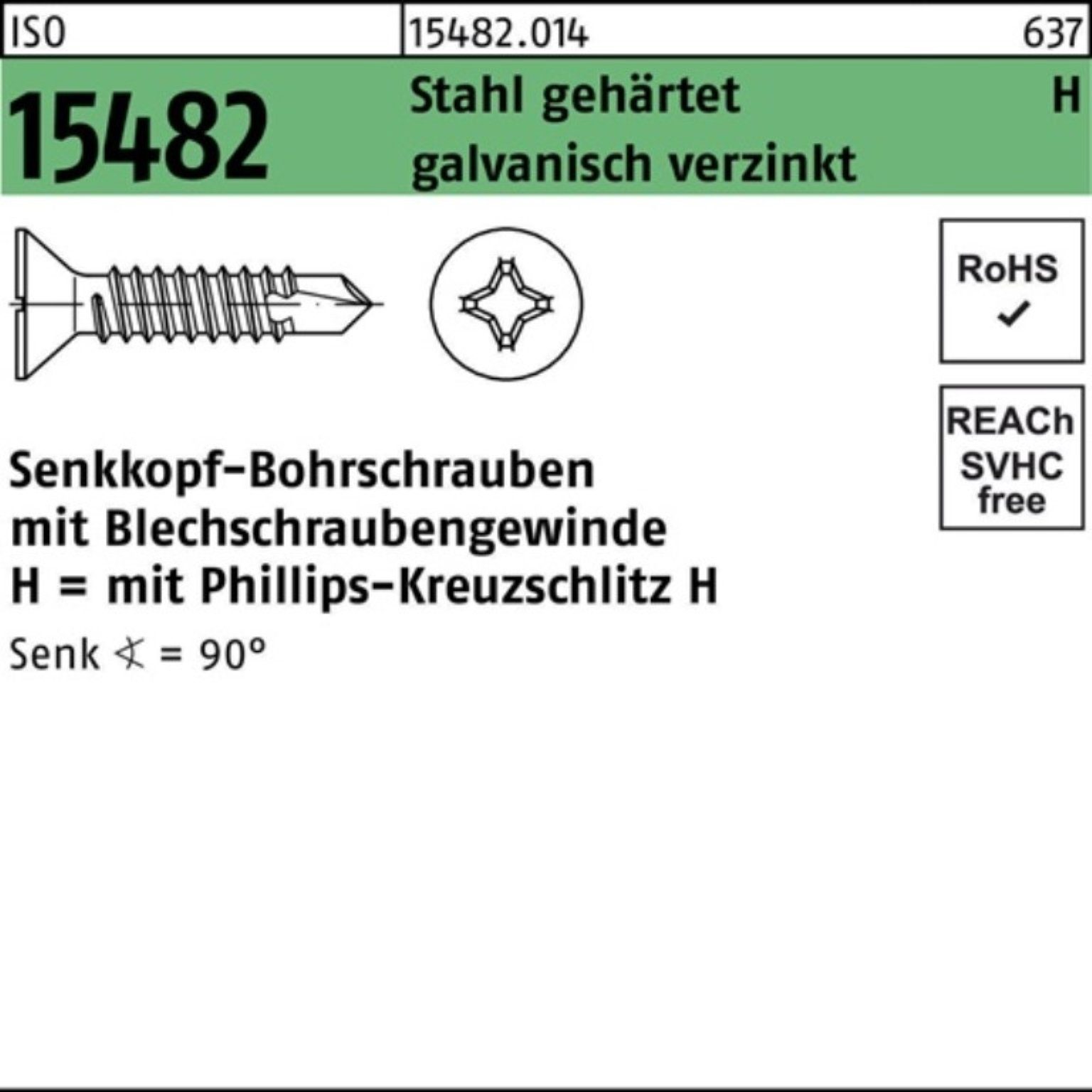 Reyher Bohrschraube 250er Pack 15482 Stahl PH g 6,3x45-H ST Senkbohrschraube ISO gehärtet