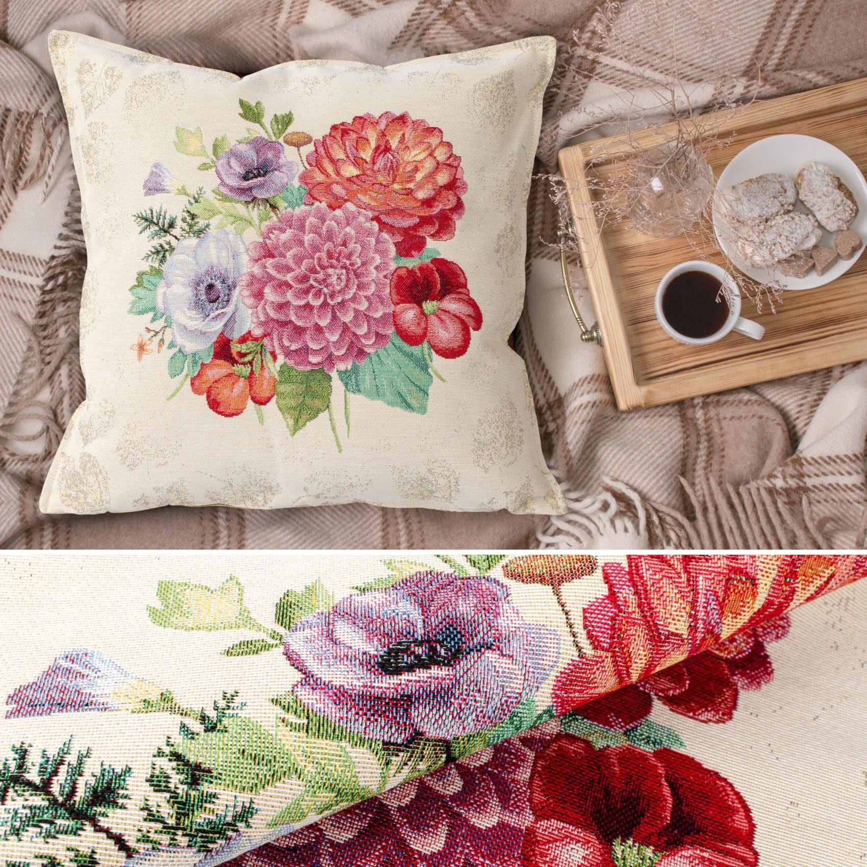 ANRO Dekokissen Jacquard Gobelin Kissenbezug 45x45 cm waschbar Klassik Dekokissenbezug, Vintage ohne Füllung mit Reißverschluss Blumenstrauß Beige