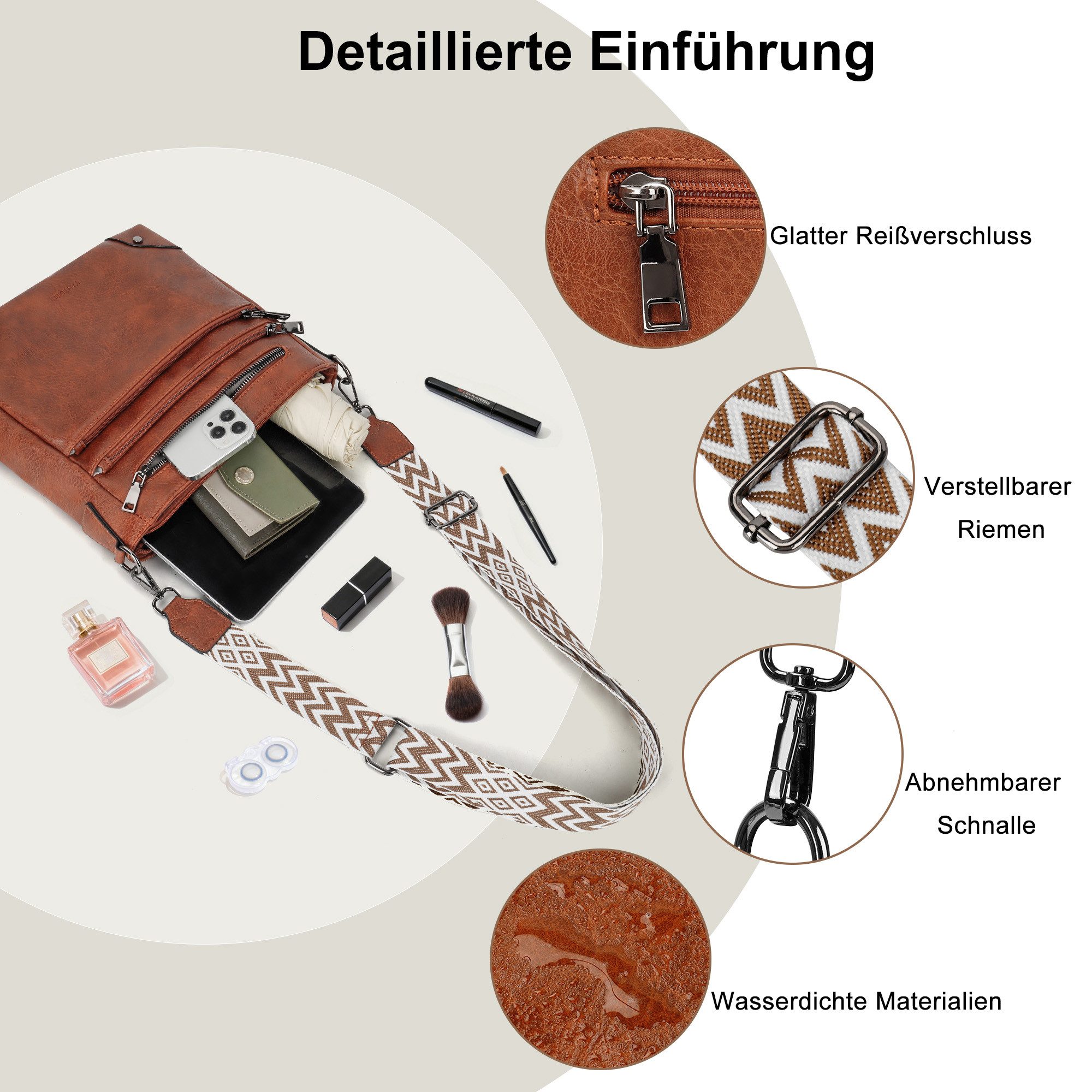 TAN.TOMI Umhängetasche Damen Mittelgroß Schultertasche Mehrere Taschen Crossbody Bag, Mit Verstellbarem Gurt für Schule Arbeit Reisen Ausflug Einkauf – Bild 4 von 5