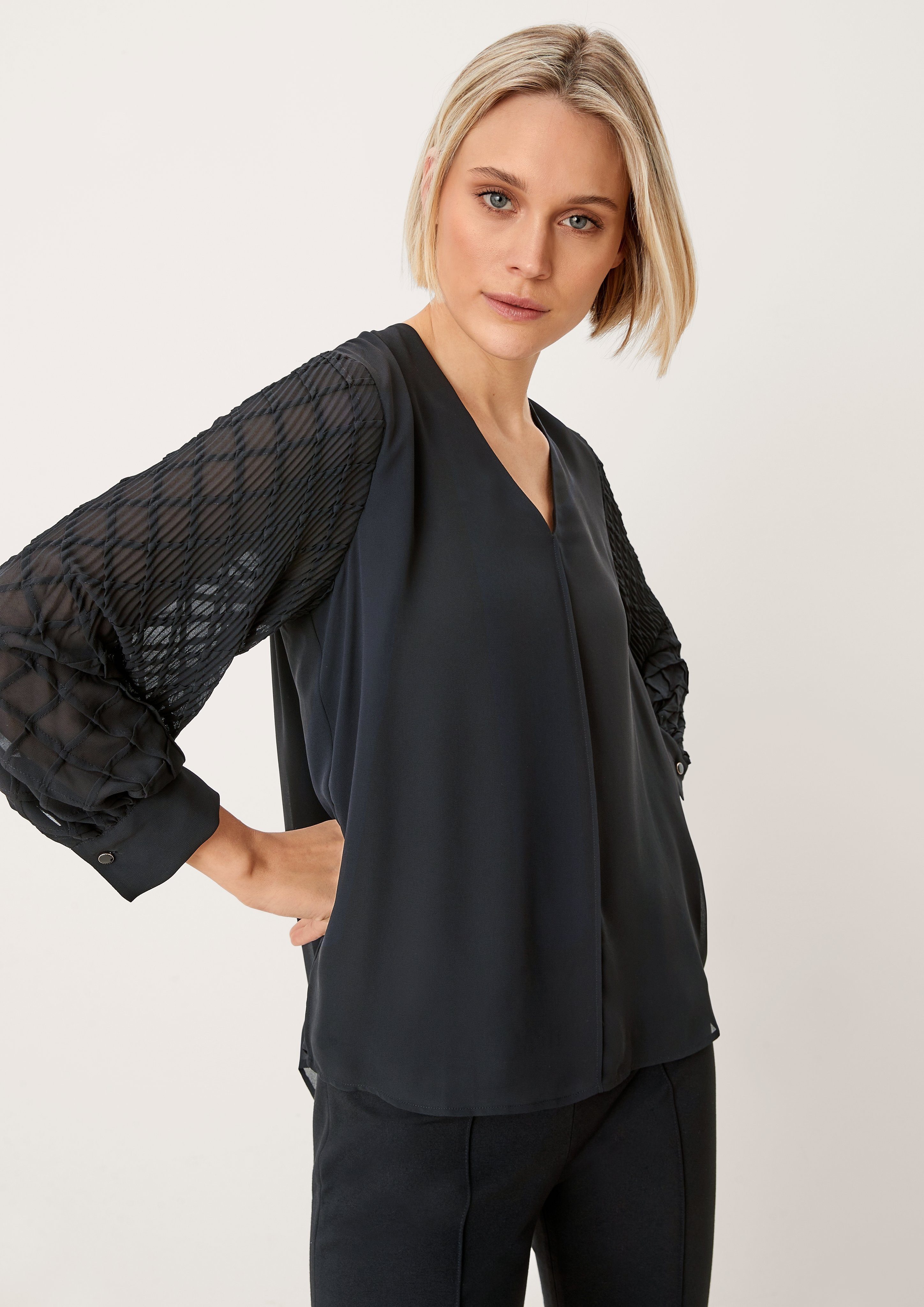 s.Oliver BLACK LABEL Langarmbluse »Bluse mit Plissee-Ärmeln« Ziernaht  online kaufen | OTTO