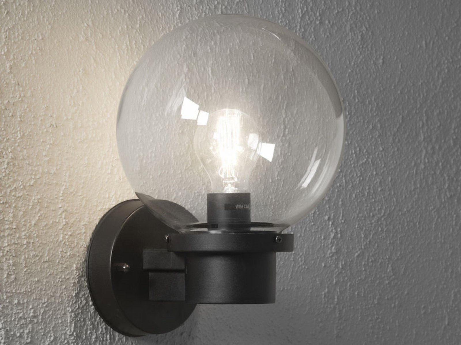 KONSTSMIDE LED Außen-Wandleuchte, LED wechselbar, Warmweiß, Fassadenbeleuchtung, Haus-wand beleuchten, Glas-kugel, Schwarz H: 29cm