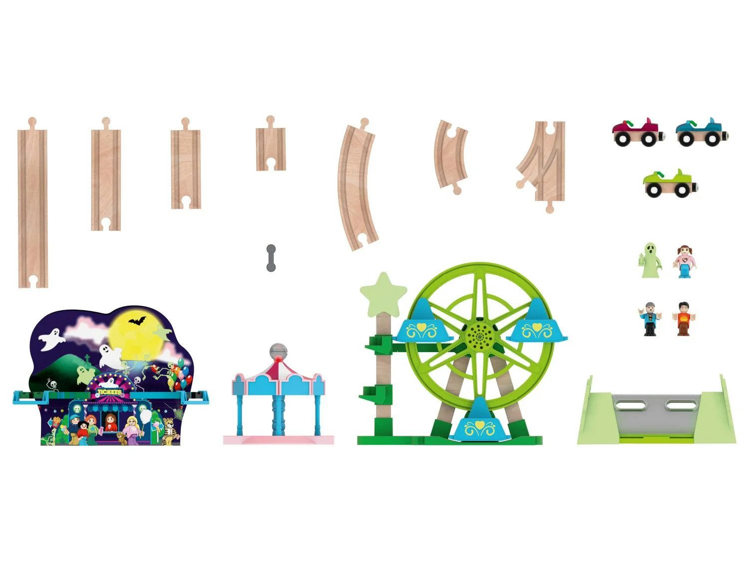lupilu Spielzeug-Eisenbahn Eisenbahn Holz Spielzeug Licht- & Soundeffekt Freizeitpark, (Spielset, 32-tlg., 32-teiliges Freizeitpark-Spielset), Licht- & Soundeffekte, bewegliche Fahrgeschäfte