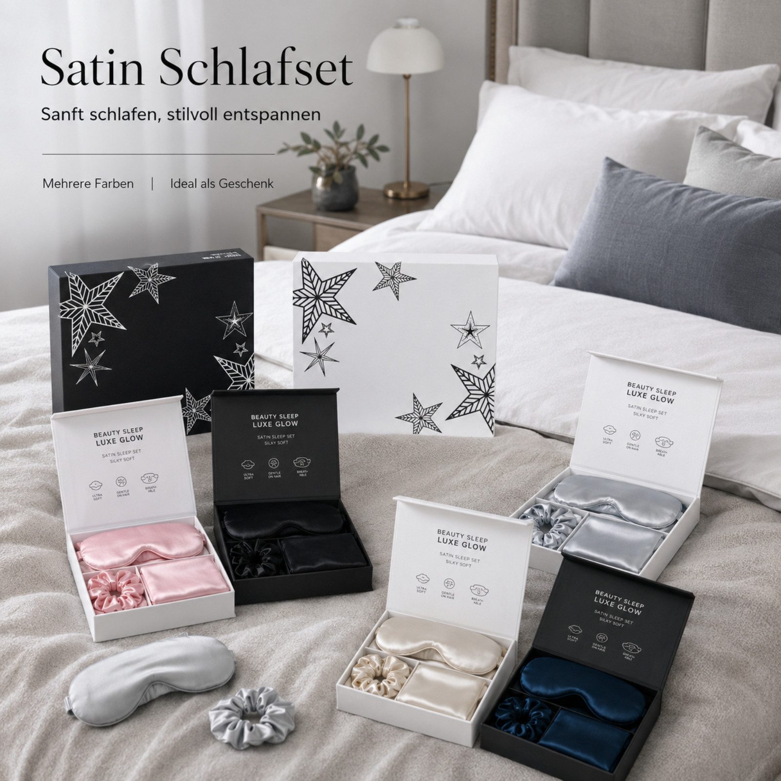 Jumpeak Schlafmaske Schlafmaske Frauen,Schlafmaske Seide,lichtdicht,Geburtstagsgeschenk, 3-teiliges Set, Schlafmaske Flugzeug, Schlafmaske,Haargummi,Kissenbezug aus Satin,schlaf fördernd,9 Farben