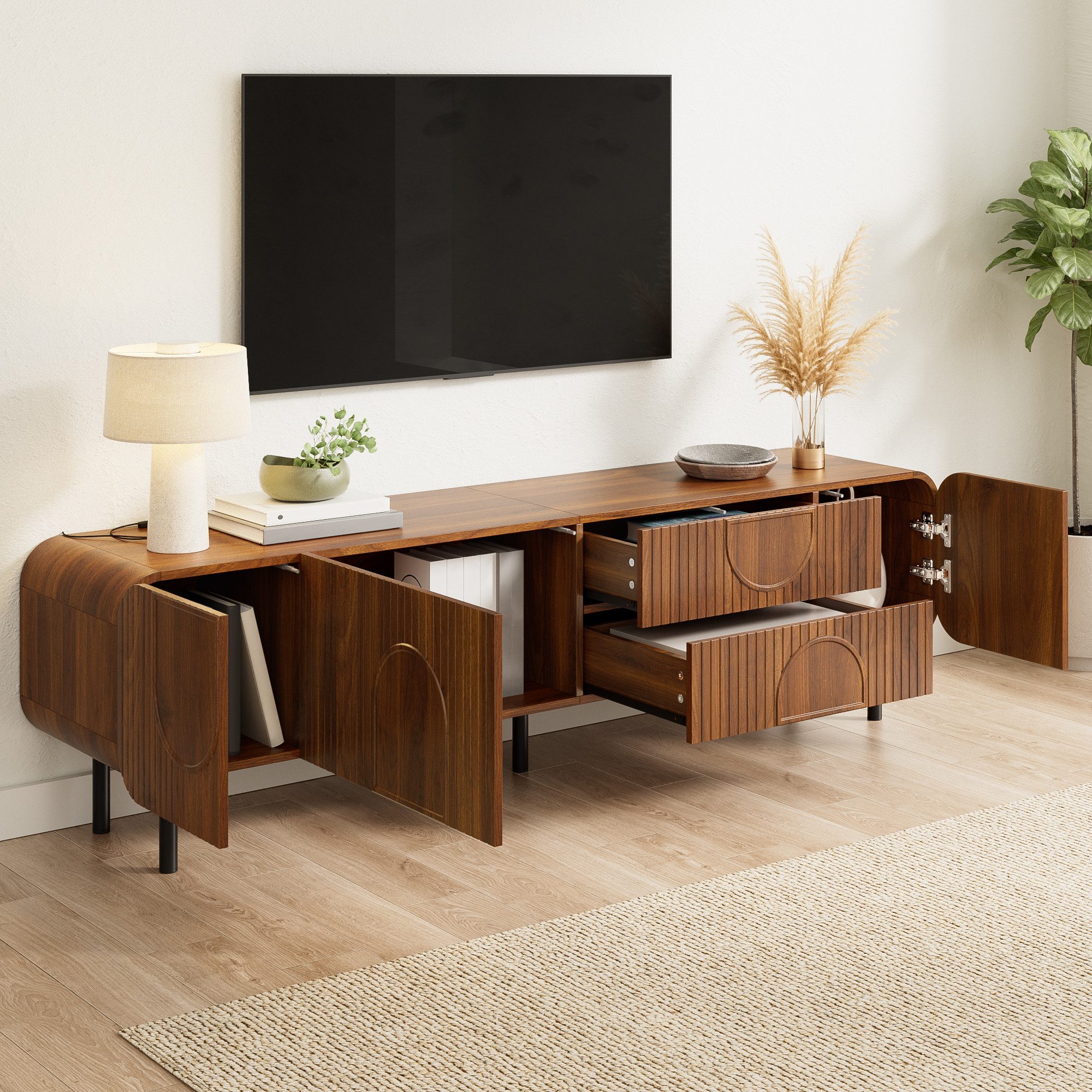 MODFU TV-Schrank 180x47,5x40 cm Fernsehtisch im Mid-Century Design mit Rillenoptik (Packung, 1-St., 3 Türen & 2 Schubladen, bogenförmige Akzente) Abgerundete Ecken, Metallfüße & Kabelmanagement