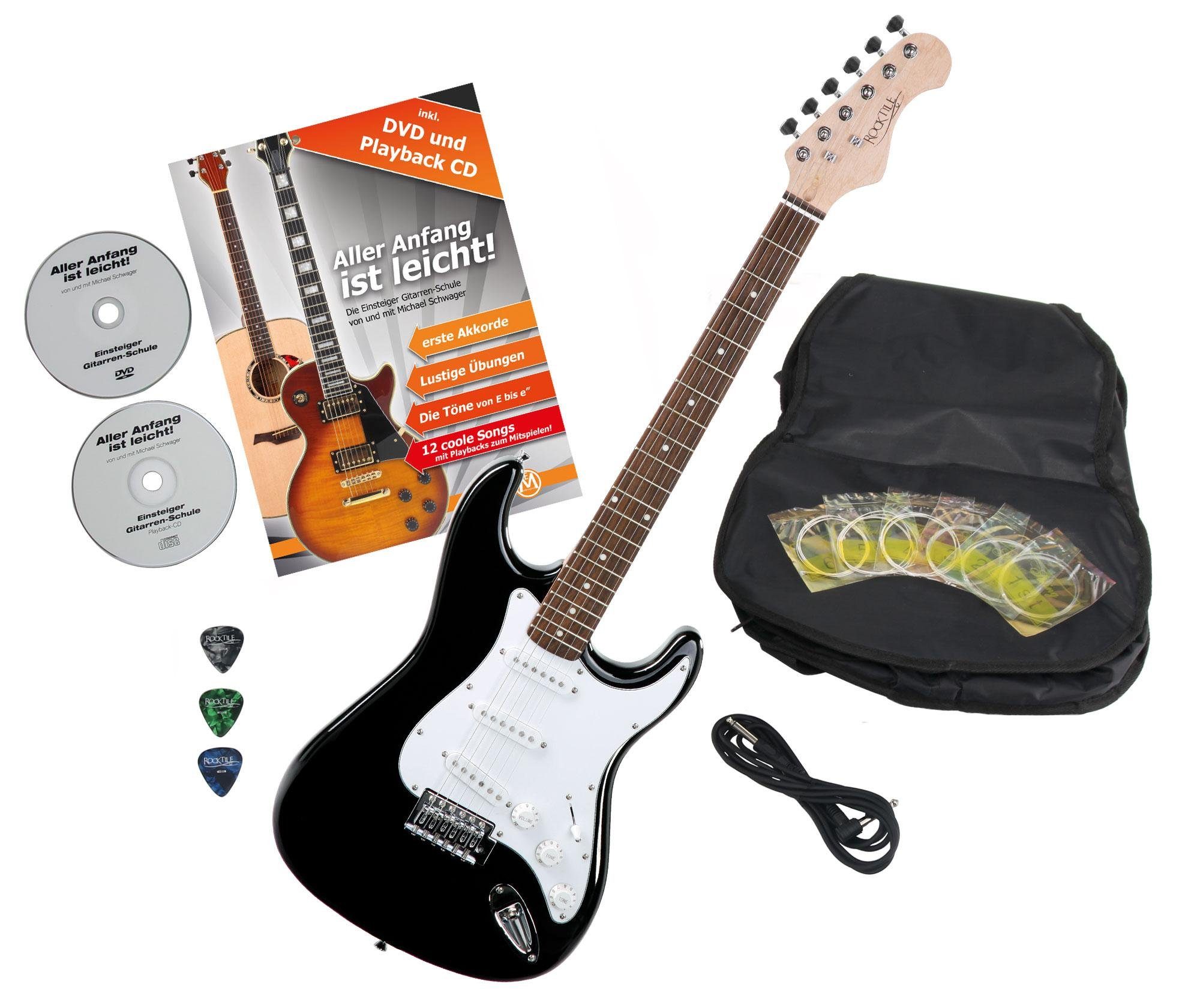 Rocktile E-Gitarre "Sphere Classic" elektrische Gitarre, ST-Style, Anfängerset, 6-St., inkl. Kabel, Tremolohebel, Gigbag, Ersatzsaiten Plektren und Schule, 3x Single Coil Tonabnehmer, 21 Bünde, Engineering Wood Griffbrett