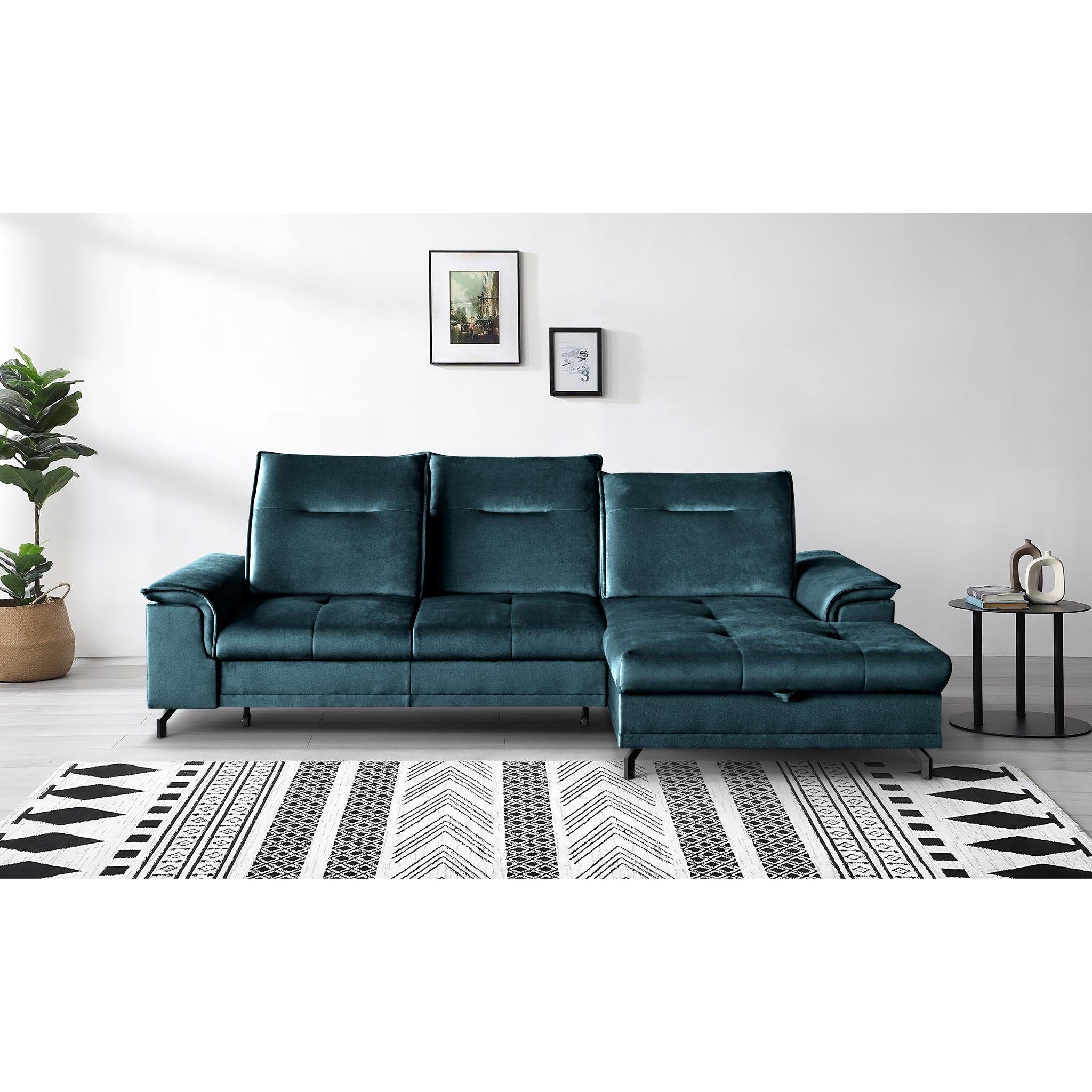 Beautysofa Ecksofa Bruno mini, moderne Ecke mit verstellbaren Kopfstützen, Sitztiefenverstellung, aus velours, kleine Corner Schlafsofa mit Bettkasten Blau (element 13)