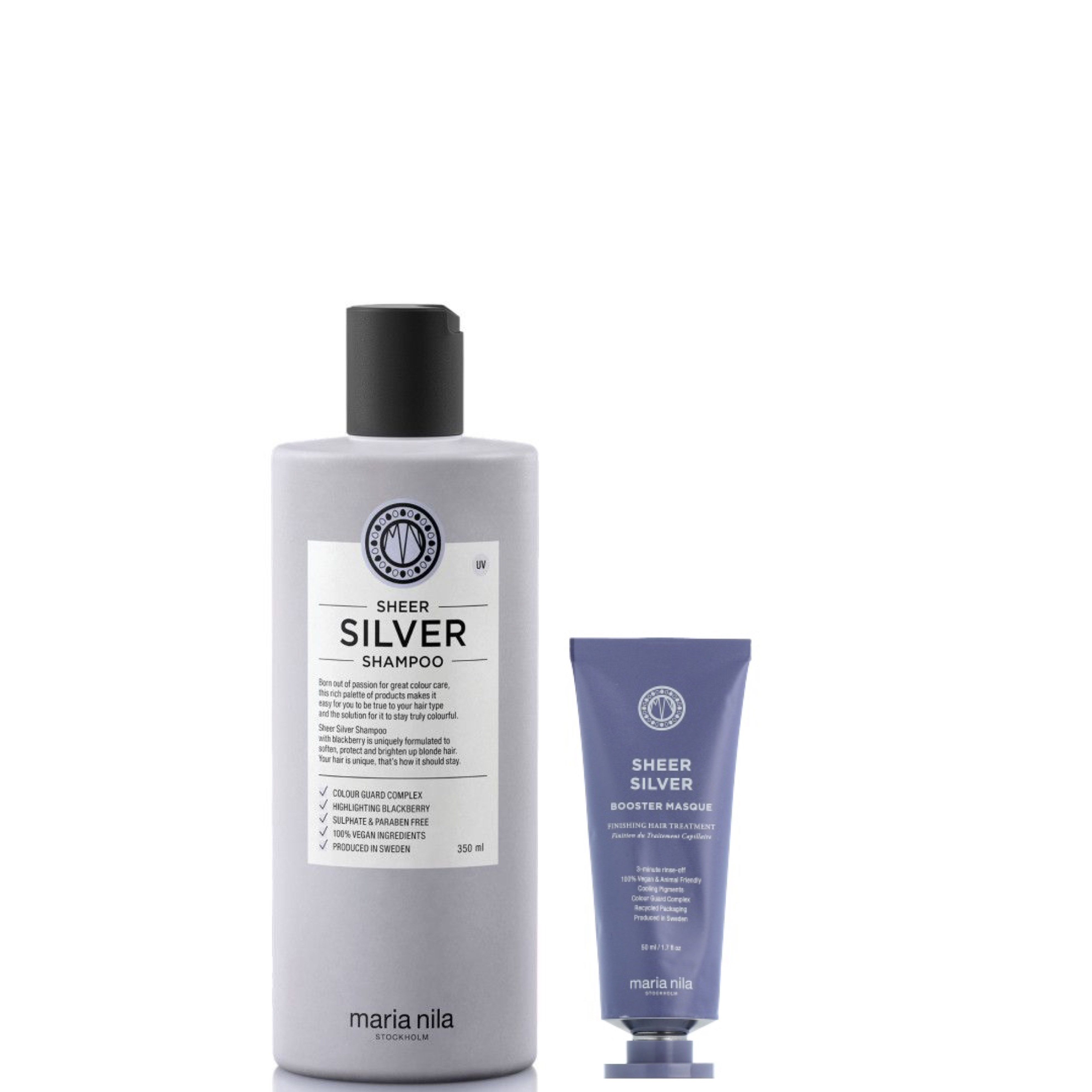 Maria Nila Haarpflege-Set Maria Nila Sheer Silver Shampoo 350 ml + Booster Masque 50 ml, 2-tlg., für kühles Blond
