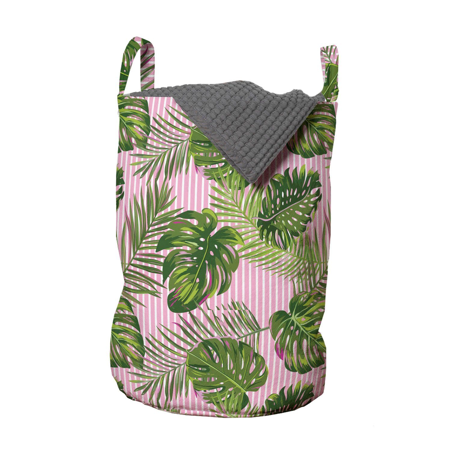 Abakuhaus Wäschesäckchen Wäschekorb mit Griffen Kordelzugverschluss für Waschsalons, Tropisch Monstera Palmblatt-Streifen
