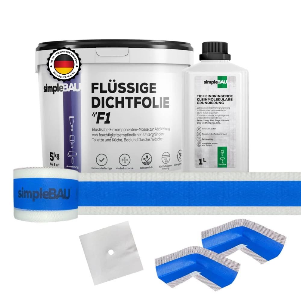 simpleBAU Dichtstoff Flüssigfolie Dichtfolie F1 5 kg + Tiefengrund 1L, (6-tlg)