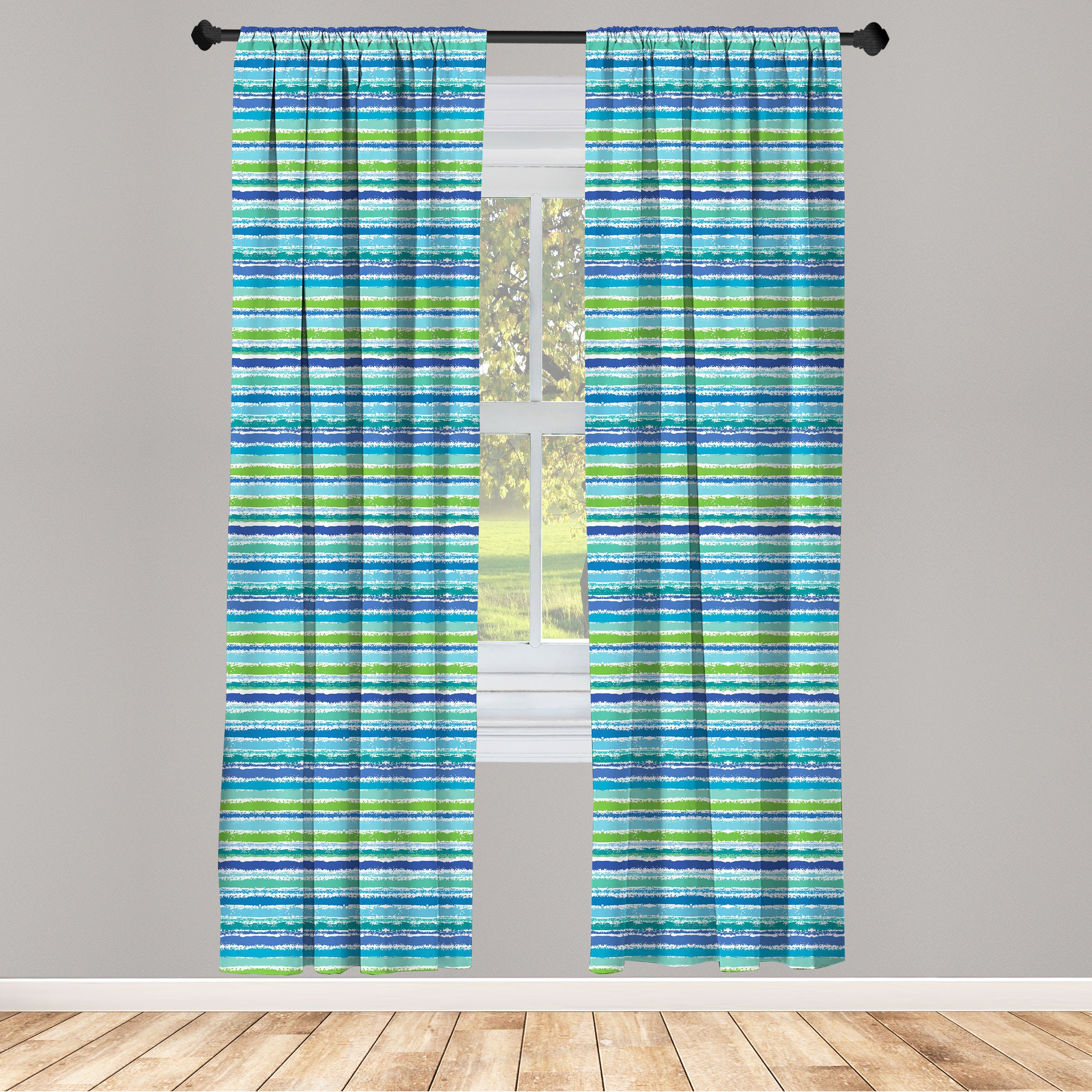 Gardine Vorhang für Wohnzimmer Schlafzimmer Dekor, Abakuhaus, Microfaser, Weinlese-Streifen Blau, Grün-Töne Kunst