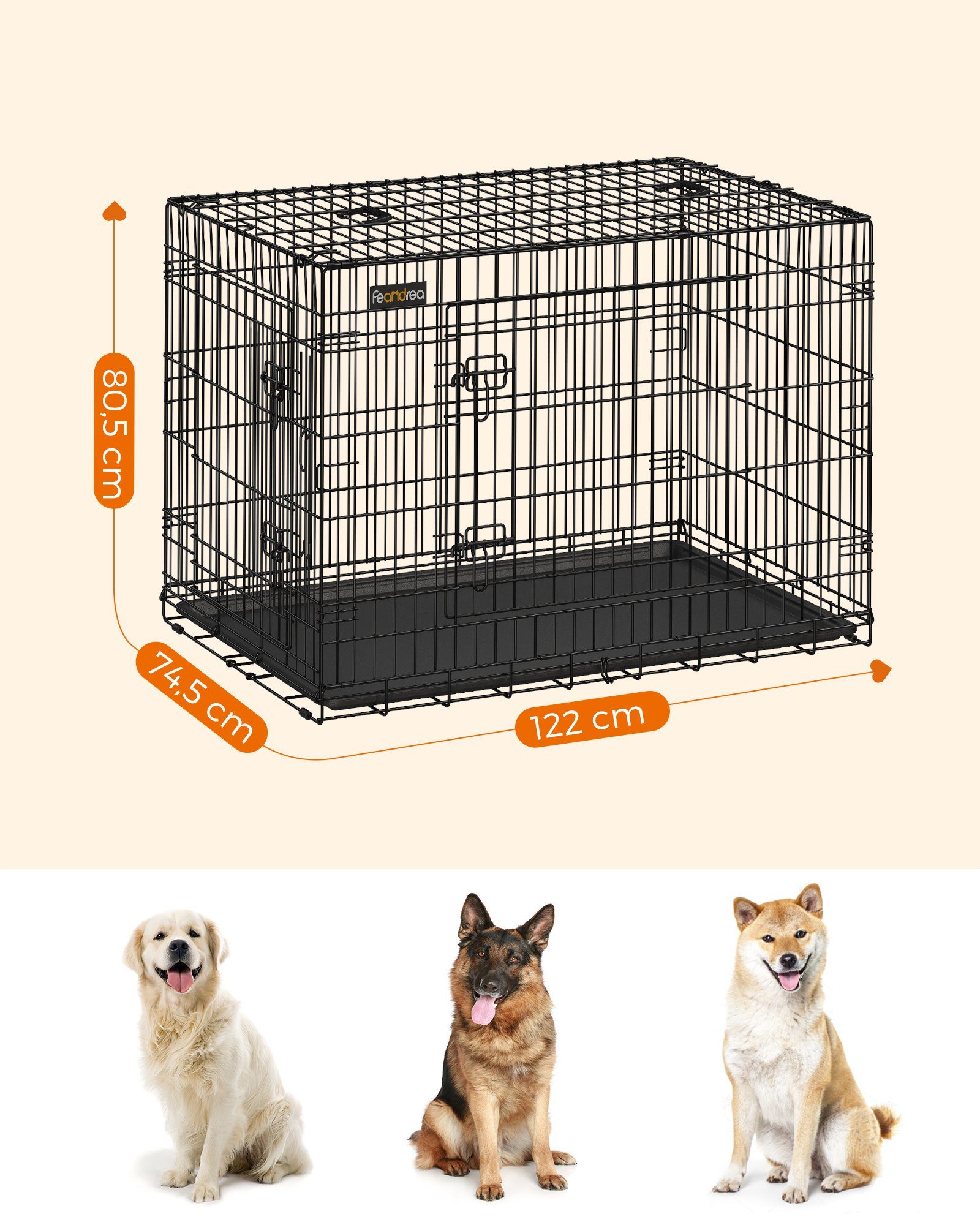 FEANDREA Tiertransportbox Hundekäfig, klappbar, mit 2 Türen, ausziehbare Schale, L/XL/XXL/XXXL