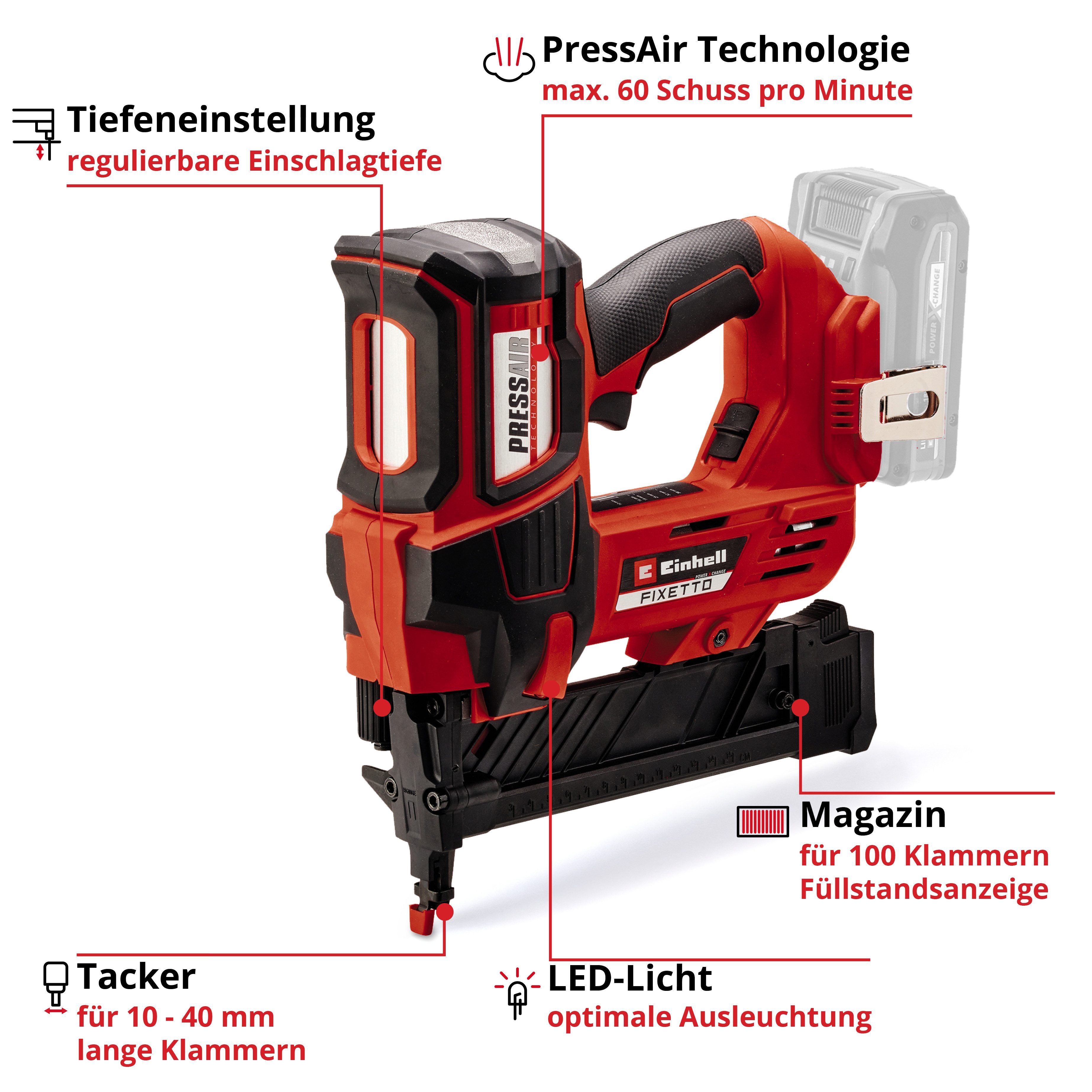 Einhell Akku-Tacker FIXETTO 18/38 S, ohne Akku und Ladegerät