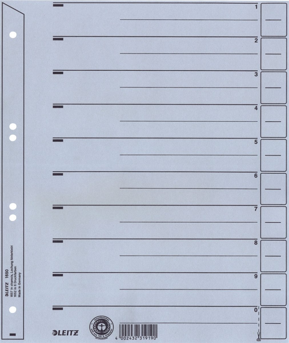 LEITZ Aktenordner Trennblätter A4 200g/qm grau VE=25 Stück
