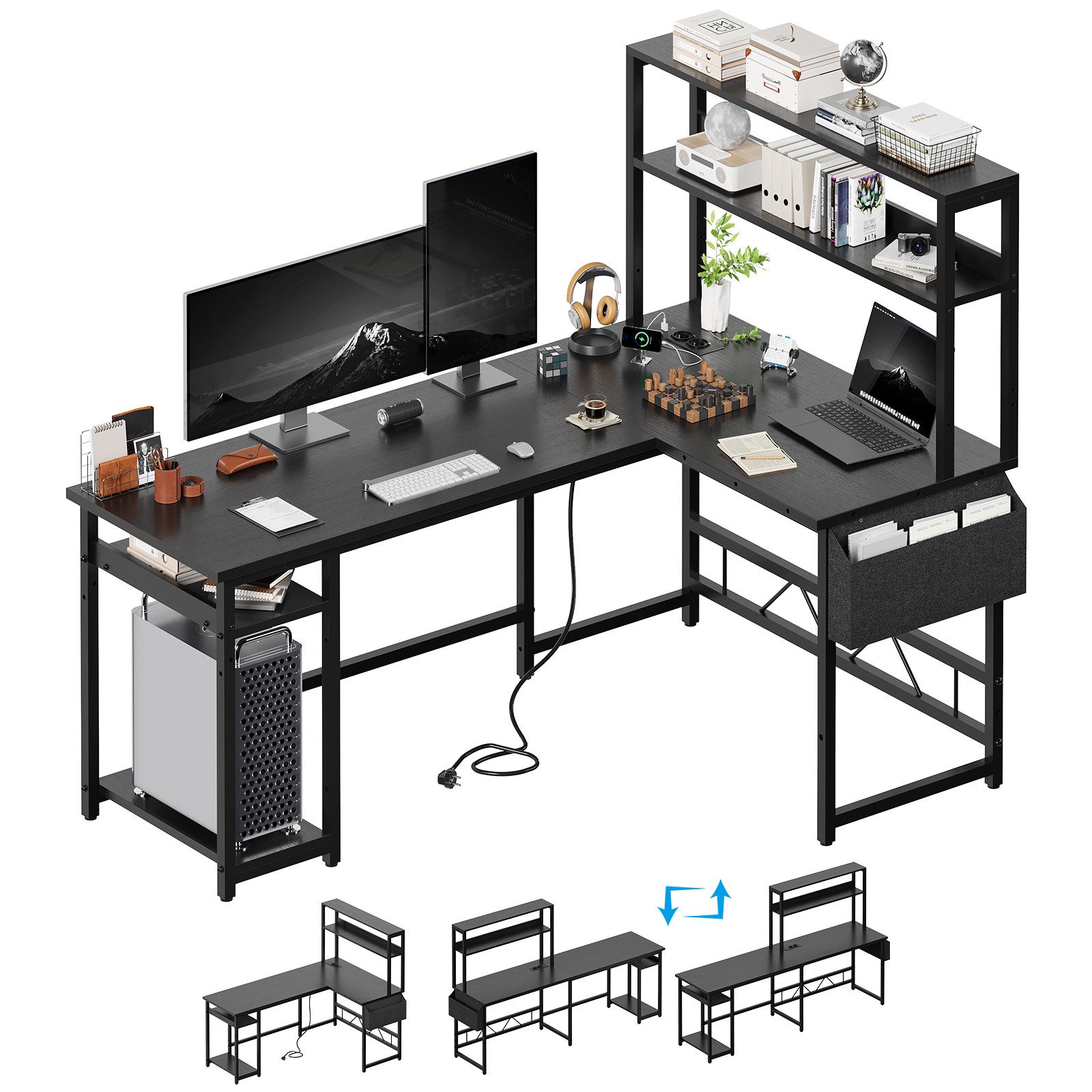 Furnicopia Eckschreibtisch Schreibtisch mit LED und USB L-förmiger Computertisch 160CM (Mit großem Ablagefach, USB-Ladeanschluss und Steckdose) – Bild 2 von 5